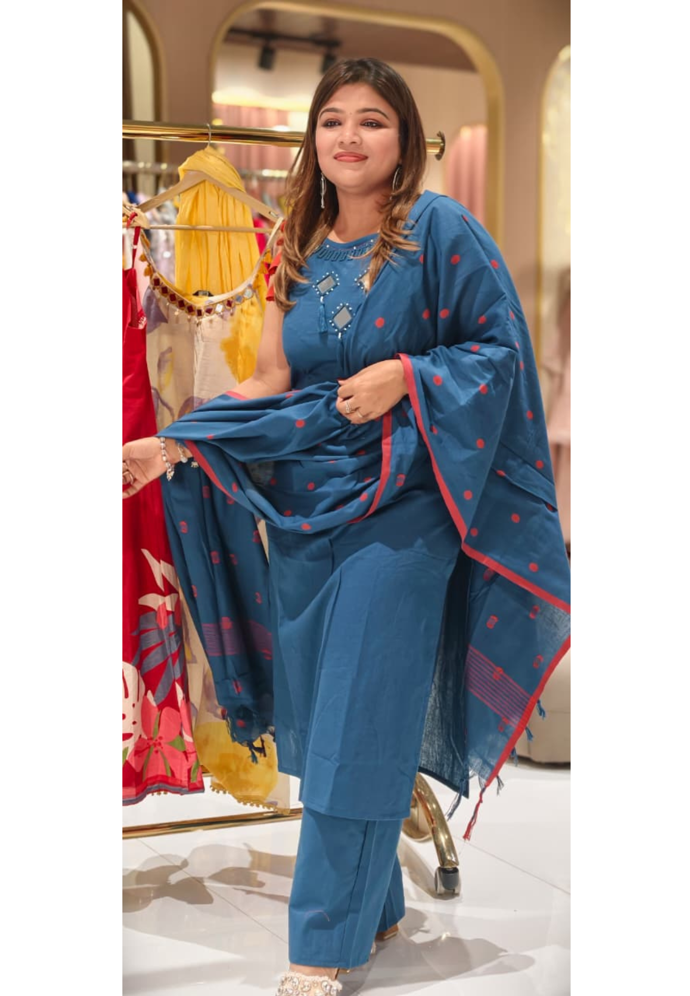 Real Mirror Thread Tassel Accent Solid Sleeveless Cotton Full Suit Set With Dupatta- 14588 RB370
