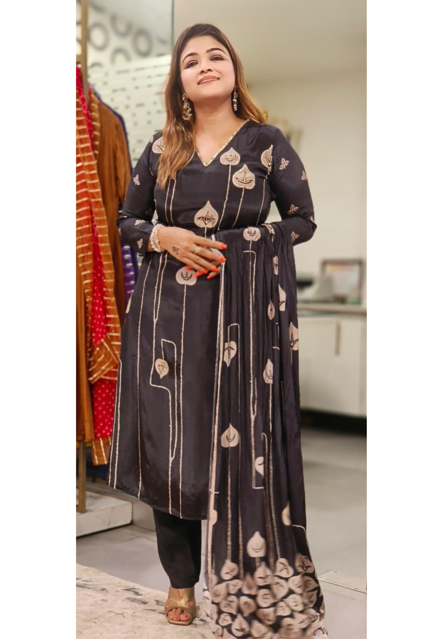 Midnight Leaf V Neck Line Ethnic Full Suit Set With Dupatta In Dola Silk Fabric- 11695