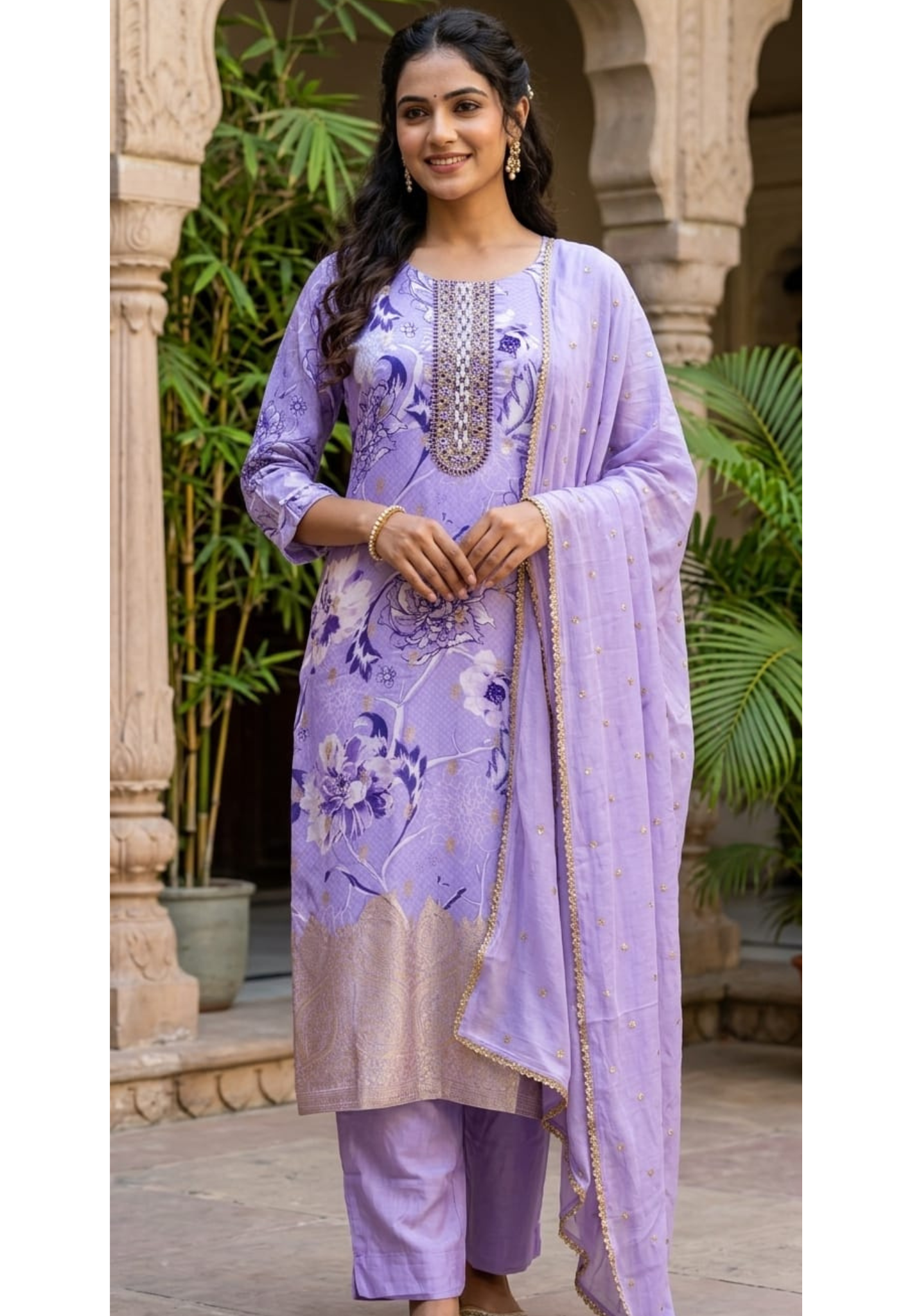Lilac Blossom Floral Full Suit Set With Dupatta with Woven Banarasi Border-LEAN FIT(ADVISIBLE NEXT SIZE)