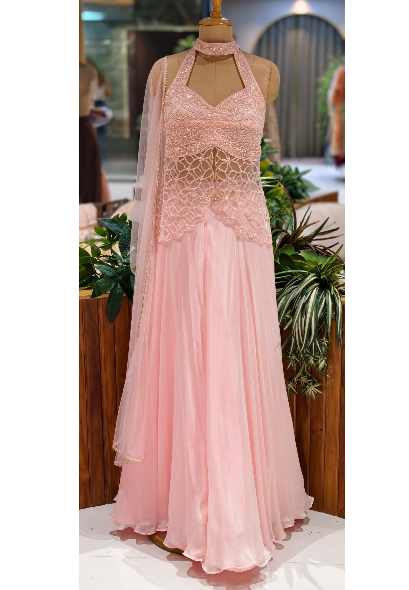 Soft Blush Pink Embroidered Divider Top With Flared Bottom with Sheer Neck Detail & Flowy Silhouette 14092 RB82