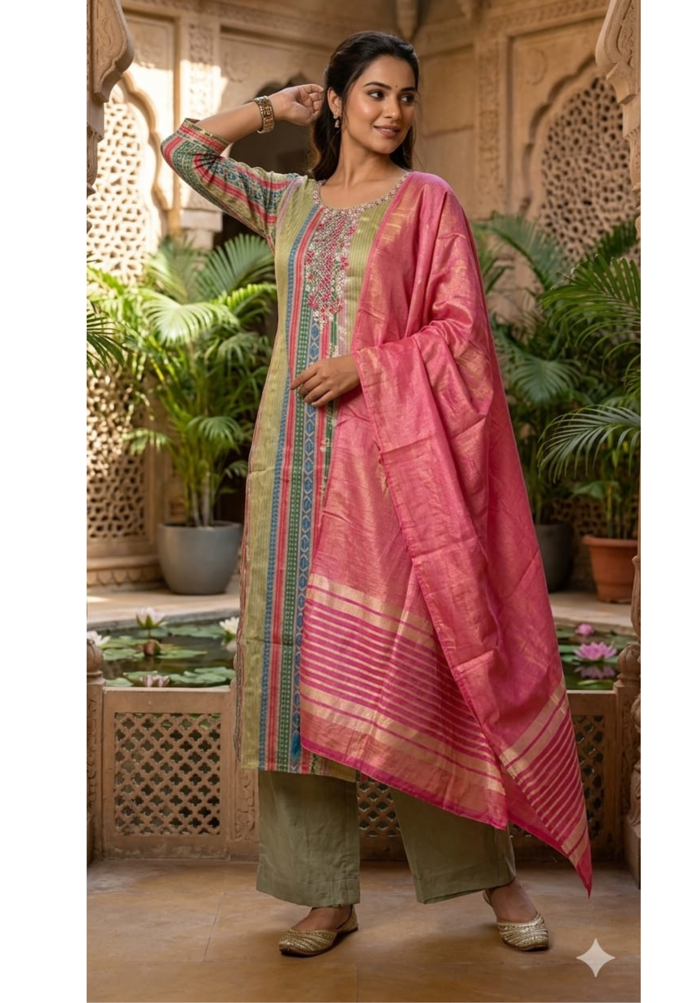 Tissue Elegant Olive Green Multicolor Striped Embroidered Straight Kurta with Bottom And Dupatta-14889-LEAN FIT(ADVISIBLE NEXT SIZE)