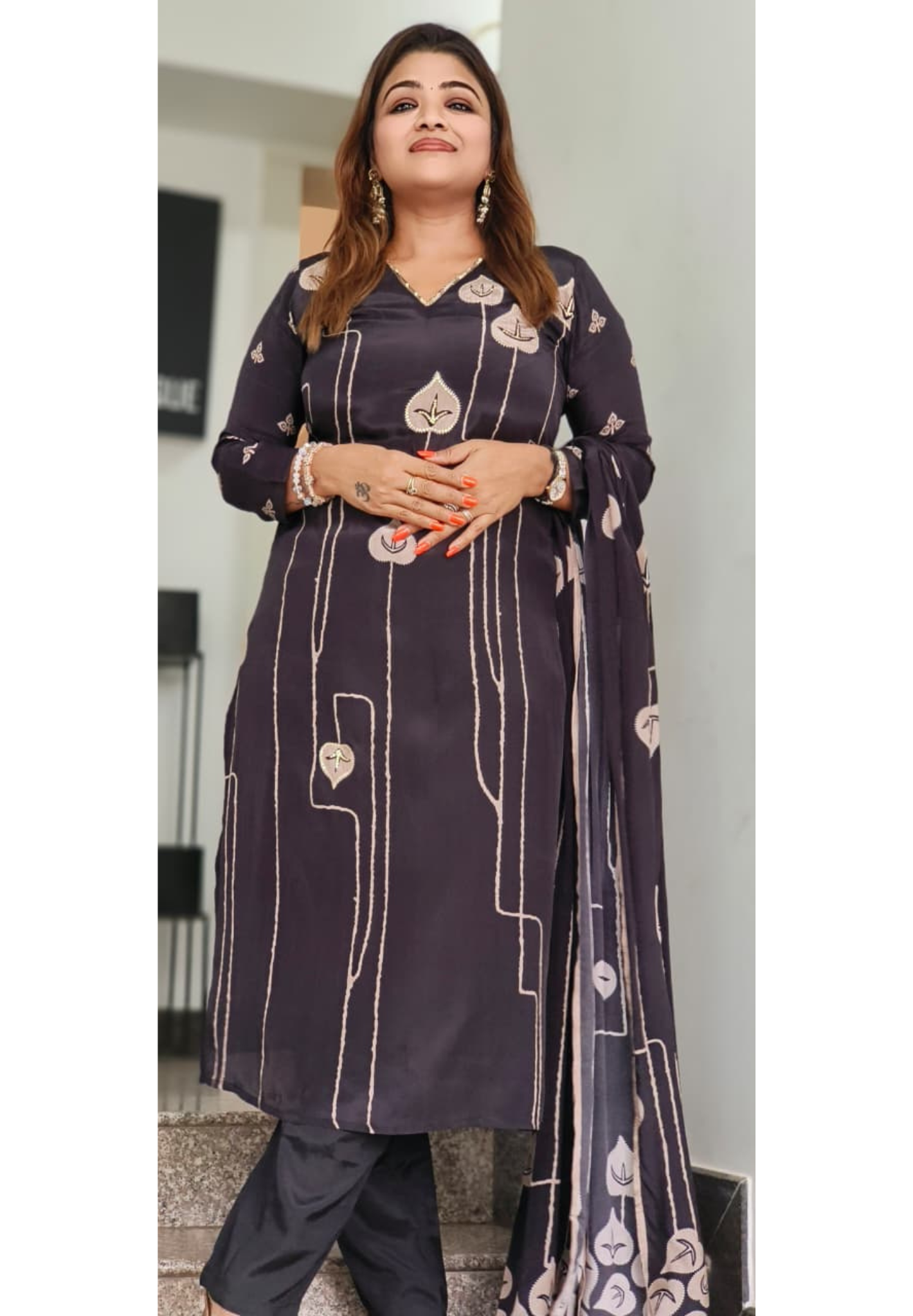 Midnight Leaf V Neck Line Ethnic Full Suit Set With Dupatta In Dola Silk Fabric- 11695