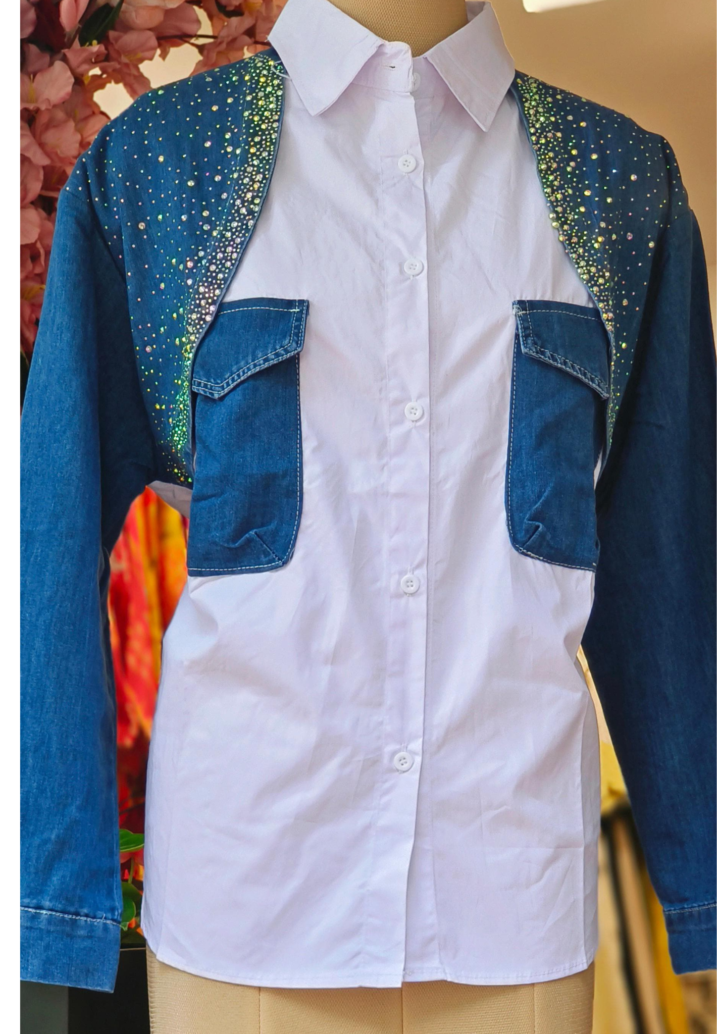 Denim Imported stylish stone Embroidered western Collar Shirt