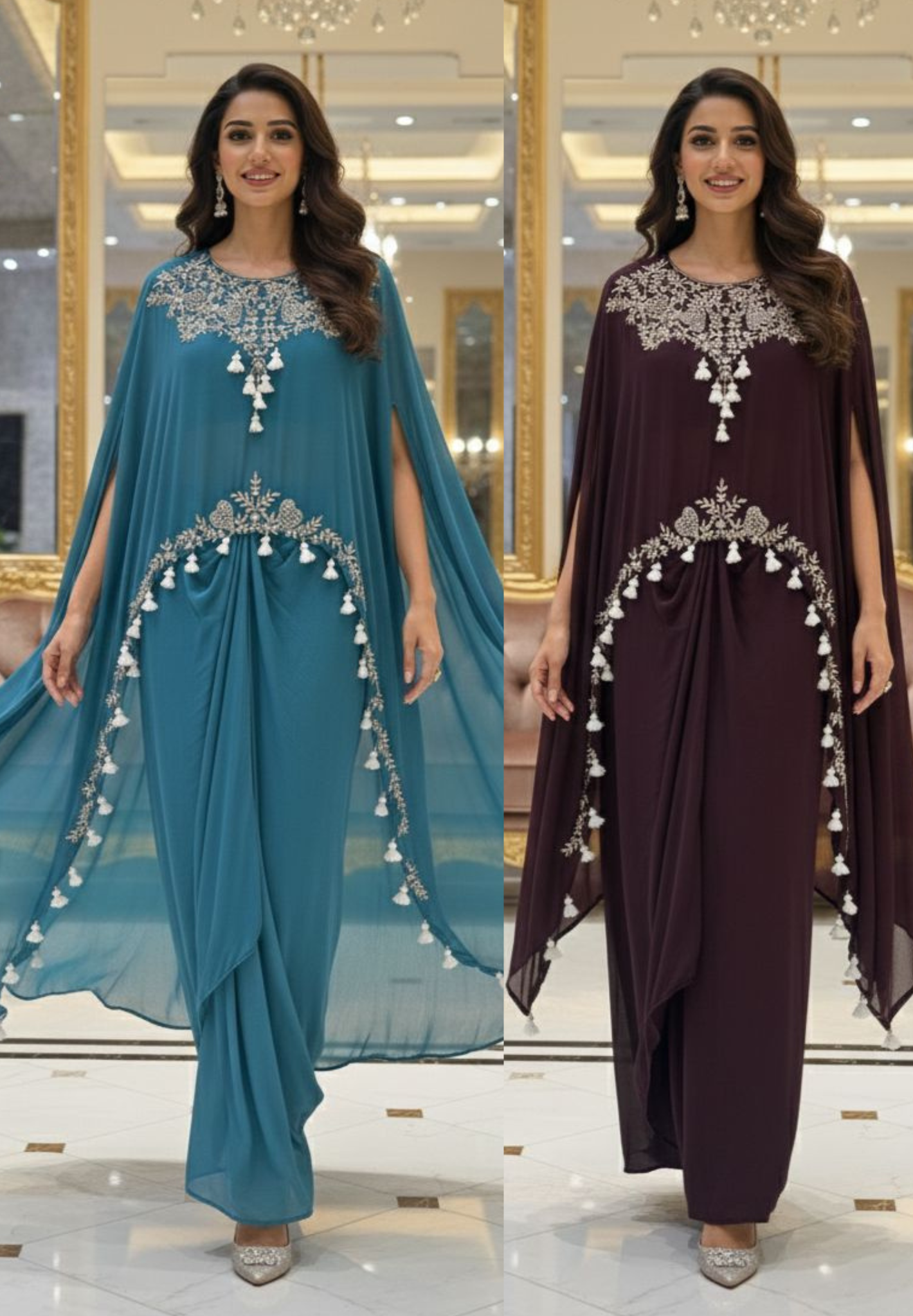 Thread Pom Pom Look Tasselled Zari Work Cape Style Top With Drape Skirt Bottom- 12919