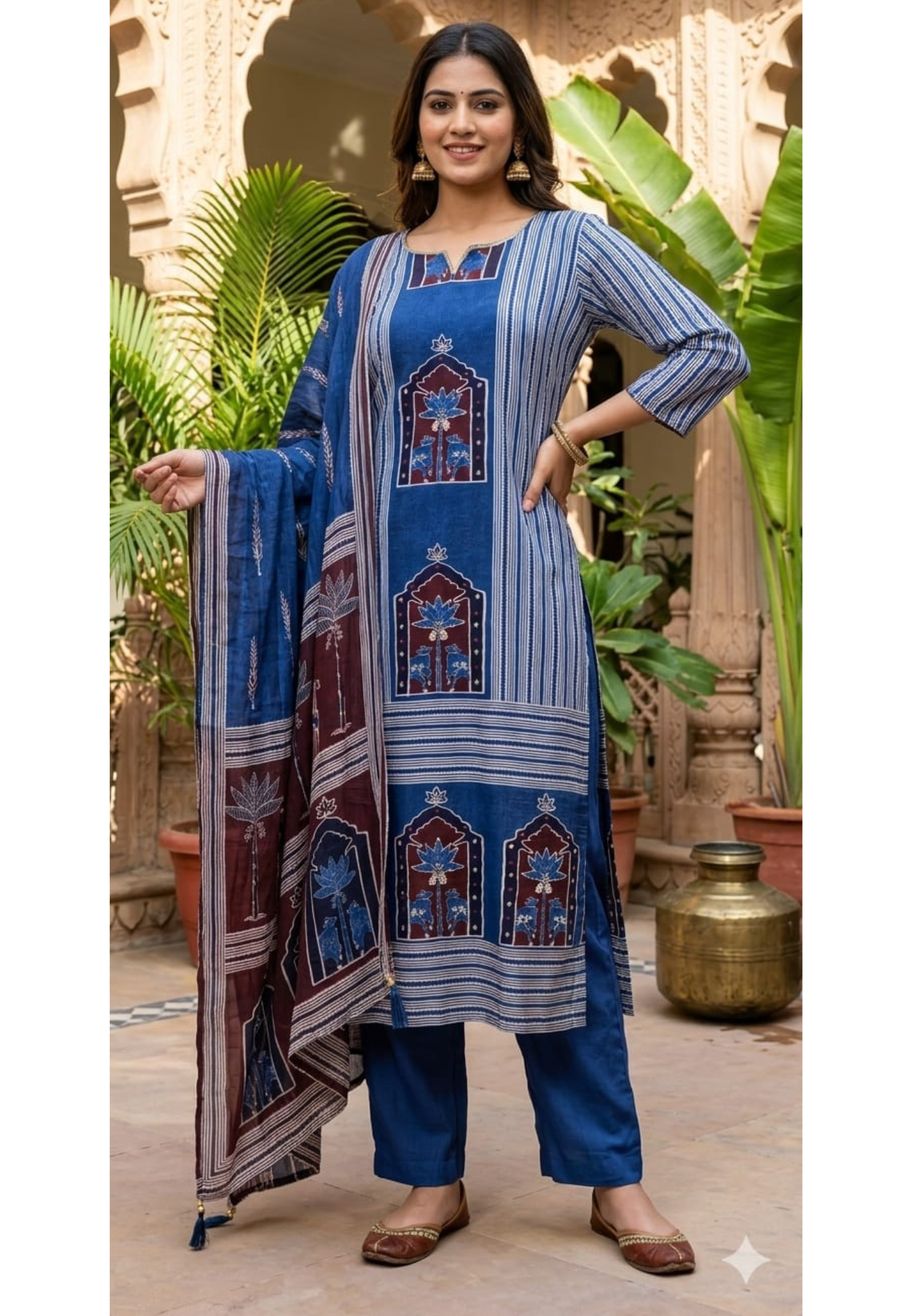 Zari Accent Indigo Heritage Mughal Arch Printed Muslin Full Suit Set with Dupatta Zari Accent