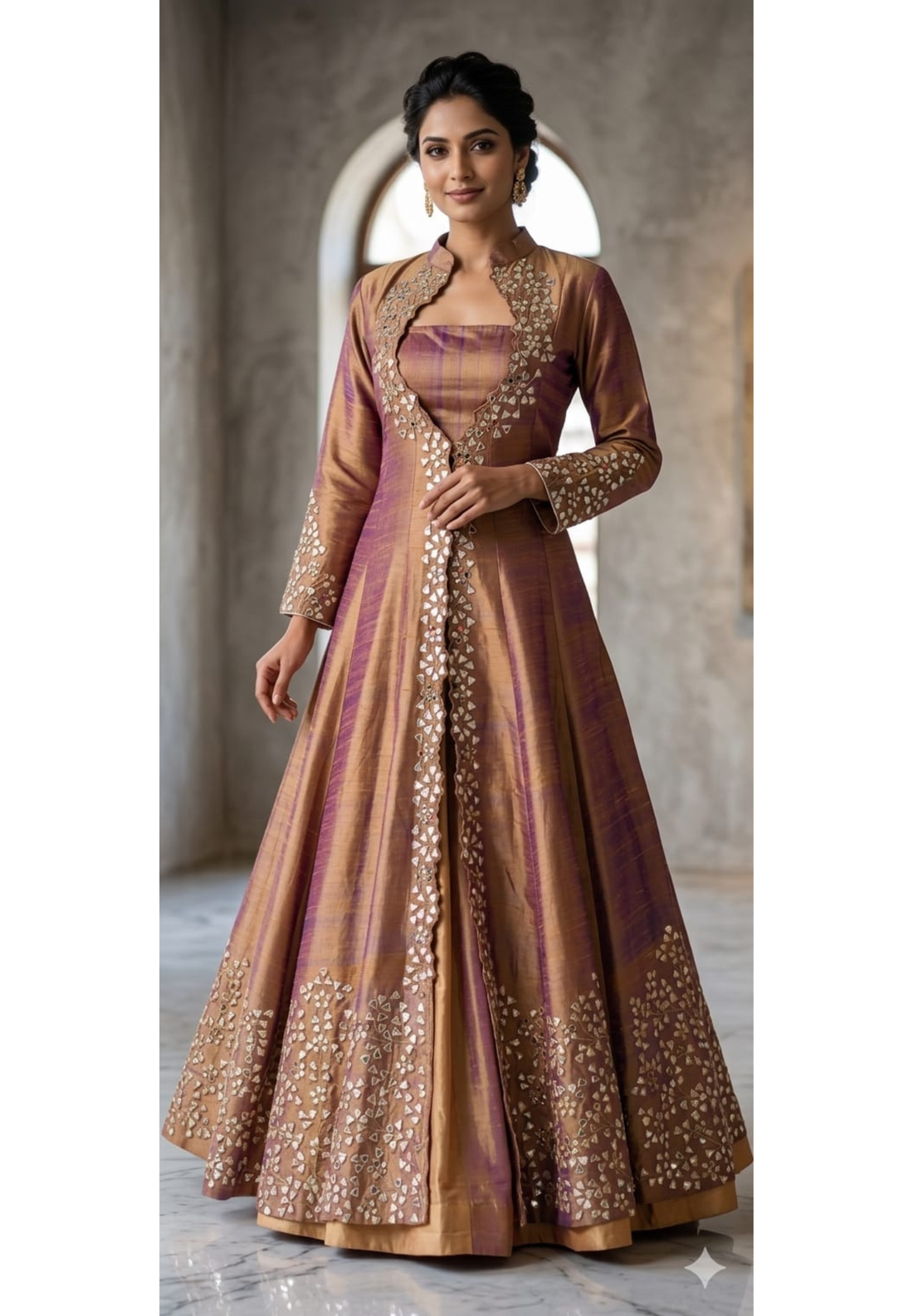 Very Classy Butter Shine Luxe Real Mirror & Gotta Hand Work Embroidery Anarkali Look Jacket With Crop Top & Skirt In Silk Fabric- 13732 RB86