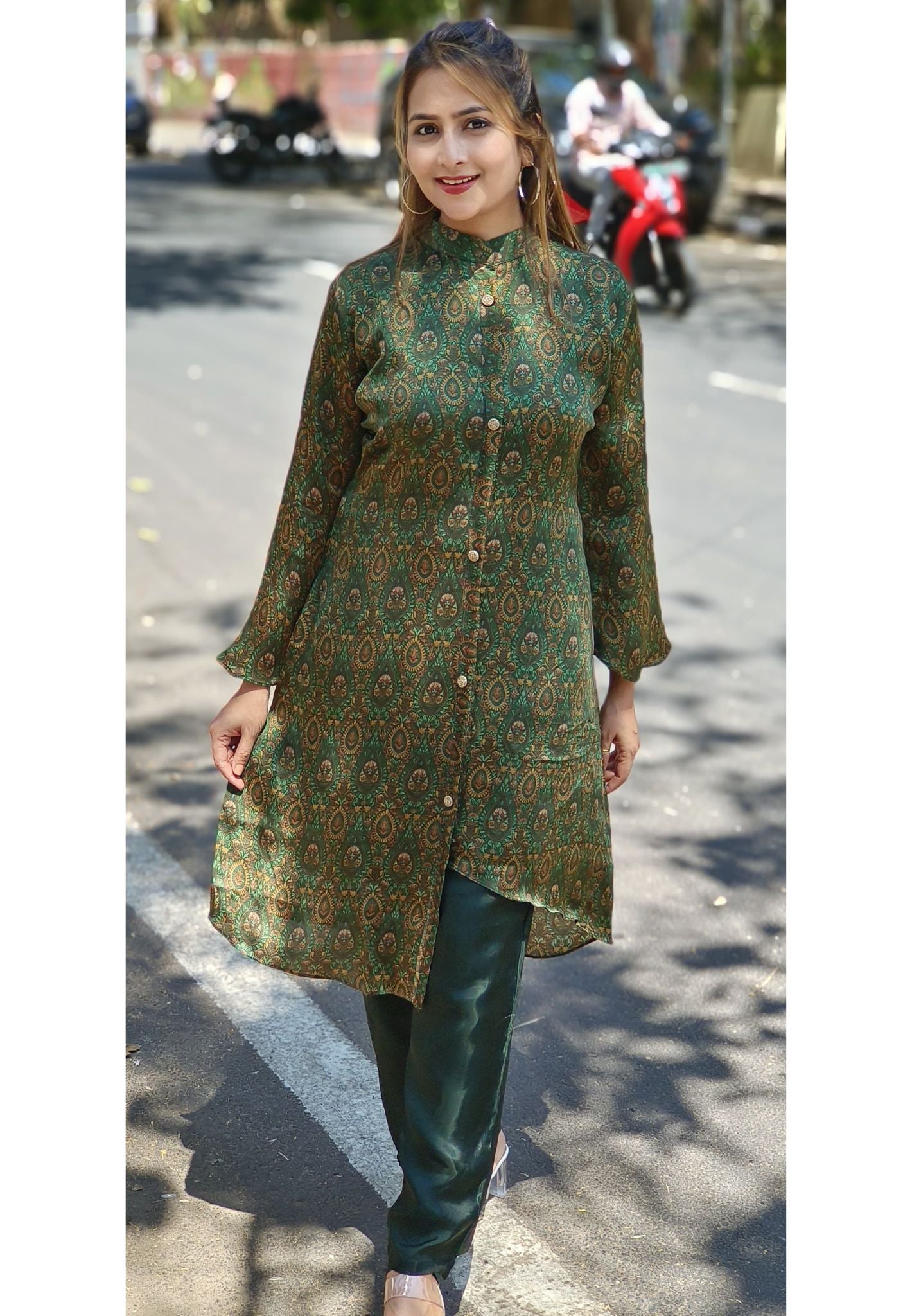 Satin silk Stylish Embroidered Collar Top With pants DRYWASHONLY-05003