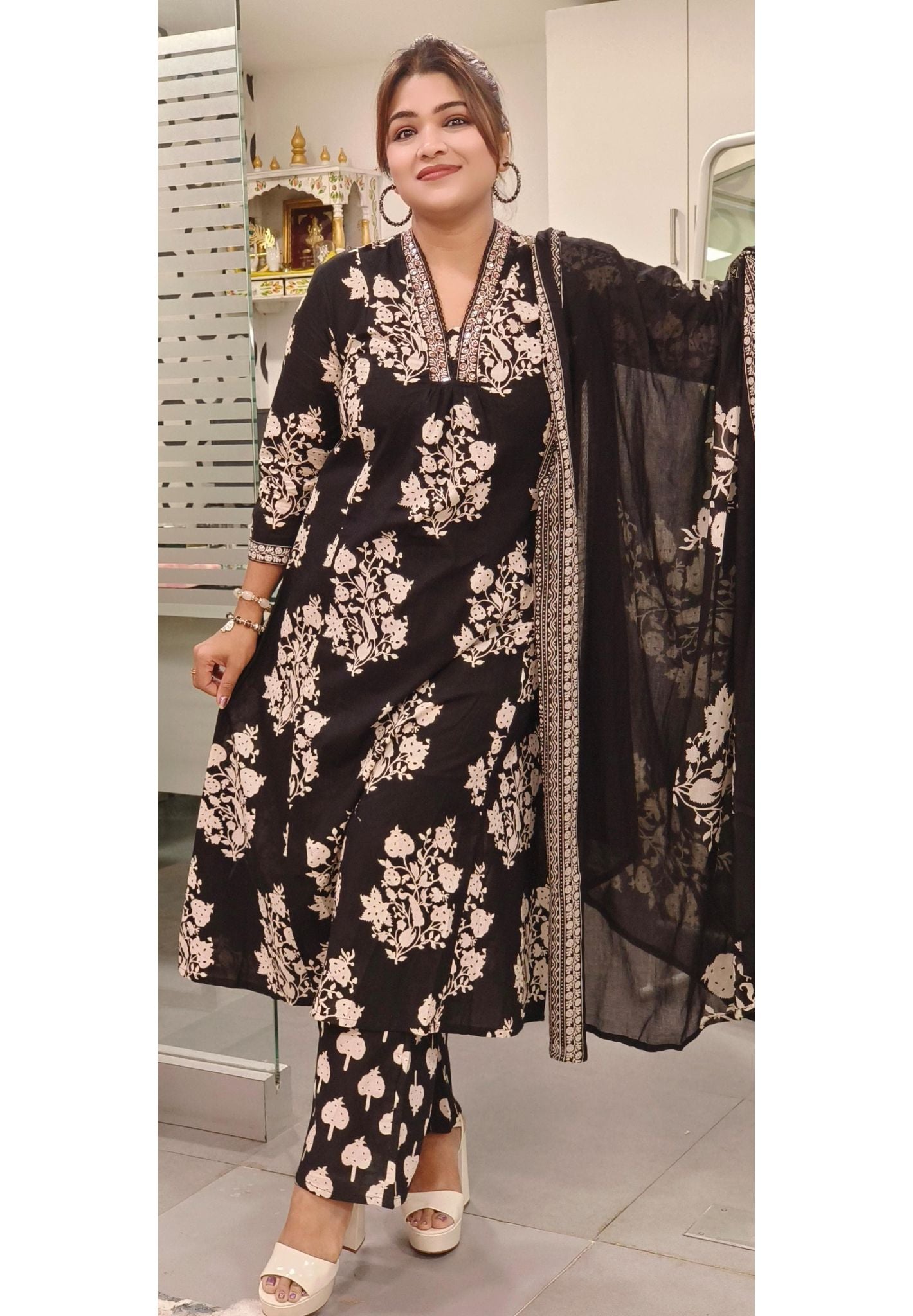 Pure Printed Cotton V-Neck Embroidery A-Line Kurta And Palazzo With Dupatta  -08248-58561-58560