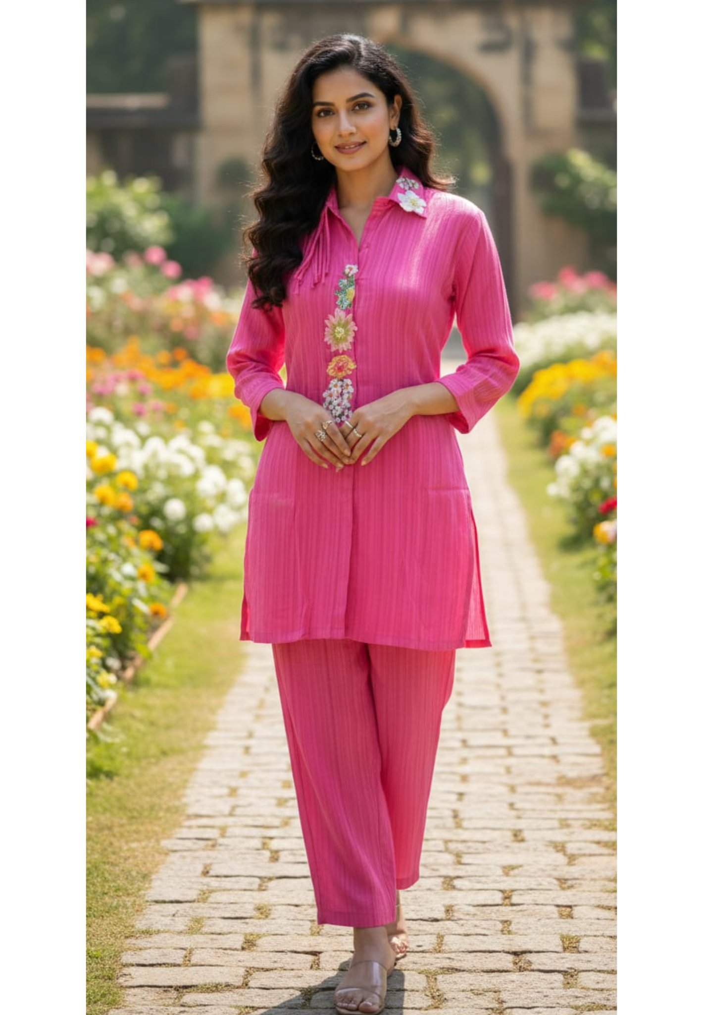 Rich Pink Blush 3D Floral Embroidered Applique In Collar & Front Designed Crush Look Co-Ord Set- 13686