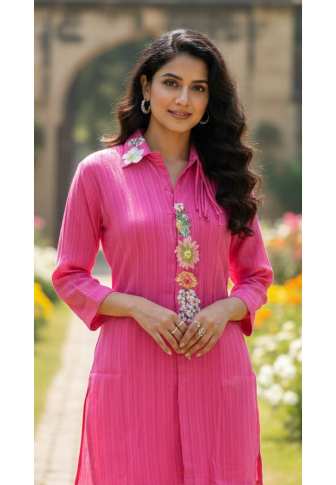 Rich Pink Blush 3D Floral Embroidered Applique In Collar & Front Designed Crush Look Co-Ord Set- 13686