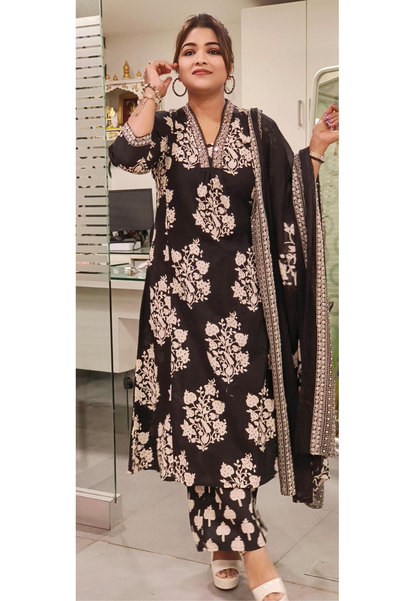 Pure Printed Cotton V-Neck Embroidery A-Line Kurta And Palazzo With Dupatta  -08248-58561-58560