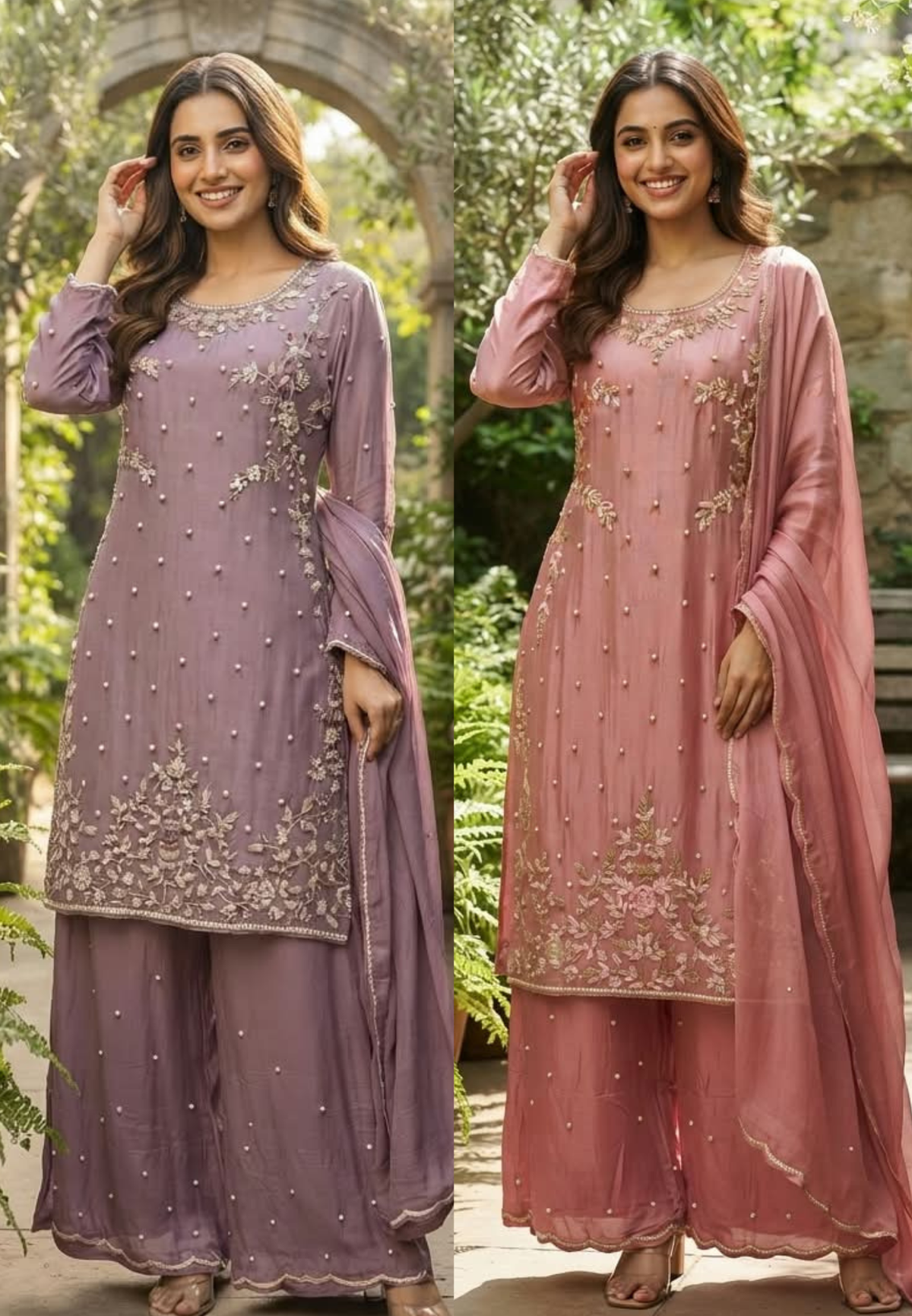 Elegant Blush Pearl & Zari Hand-Embroidered Chinon Straight Kurta Full Suit Set with Palazzo and Dupatta- 16329
