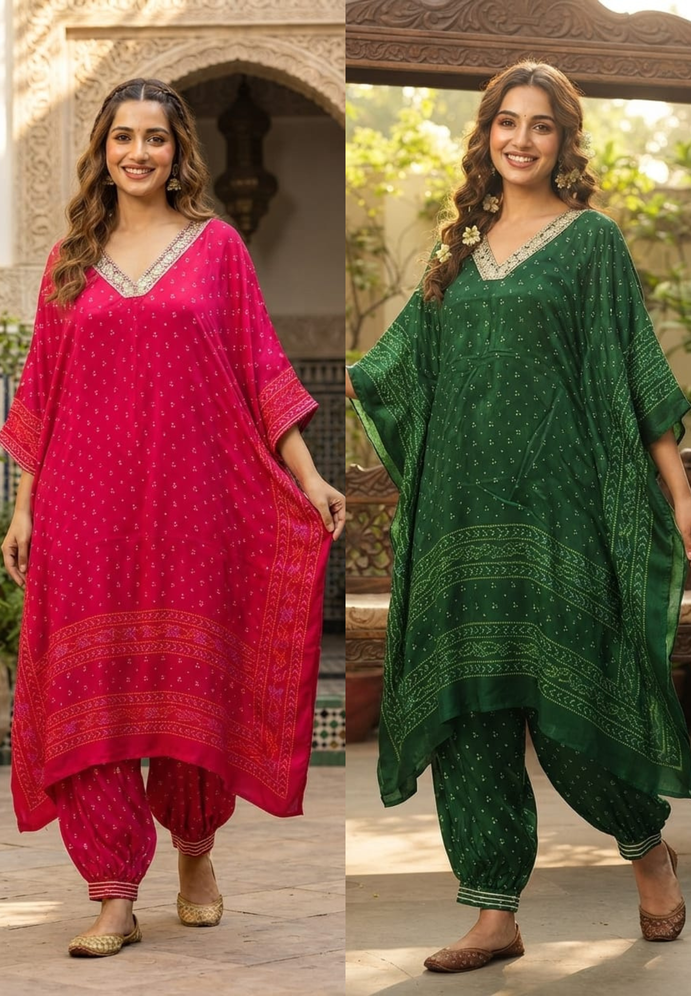 Embellished V-Neck Premium Semi Chinon Bandhani Print Kaftan Set with Balloon Pant-15486