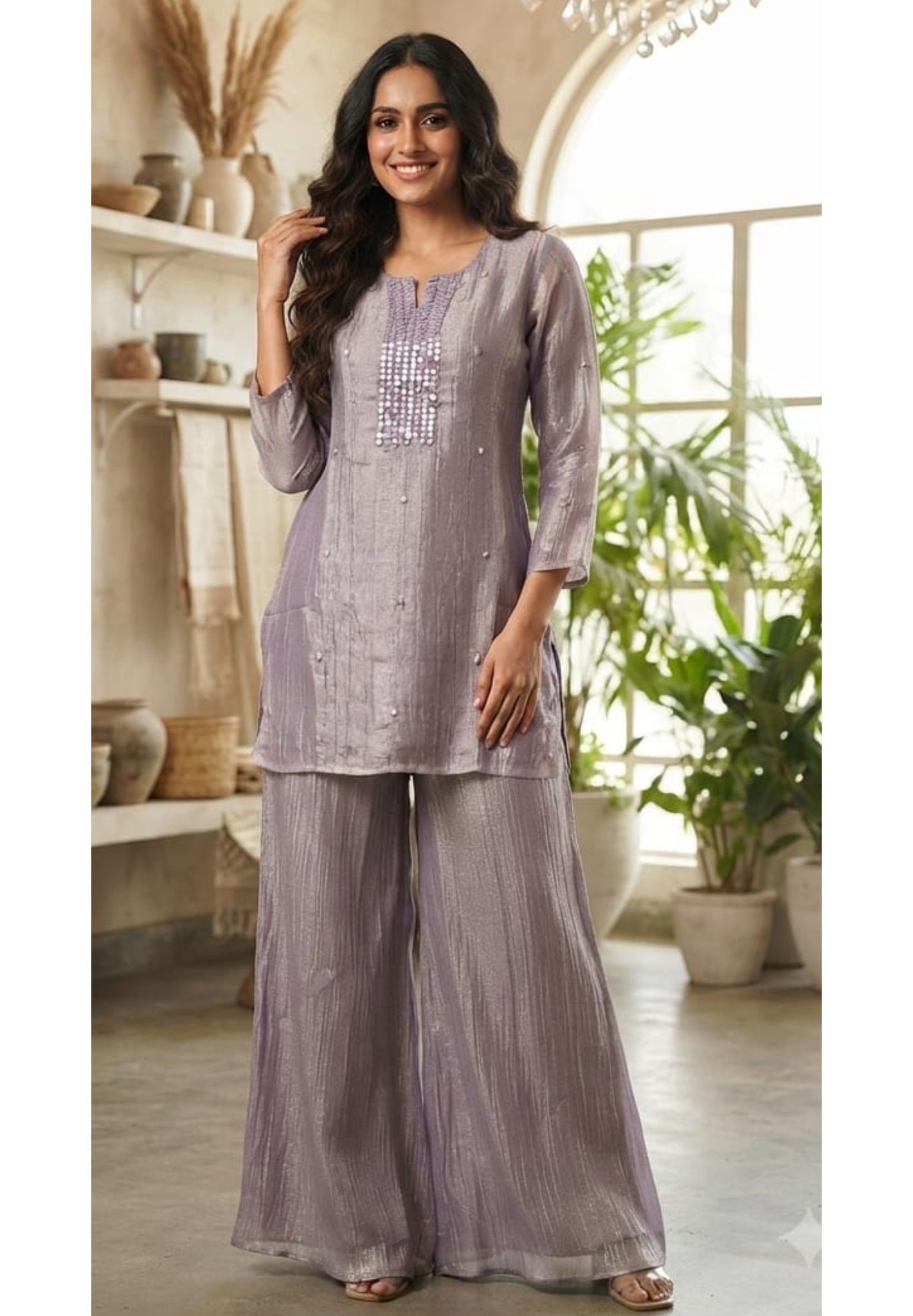 Luxe Co-Ord Set with Elegant  Mirror Embroidery Yoke In Crush Tissue Fabric- 15609