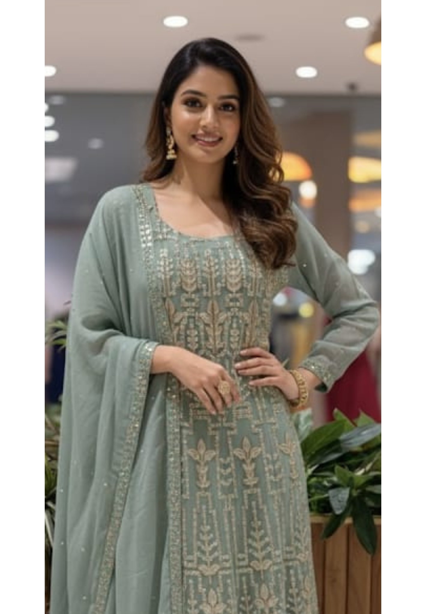 Zardosi Thread Work Sequin Embellishments Floral Motifs Lucknowi Style Premium Georgette Fabric- 13675