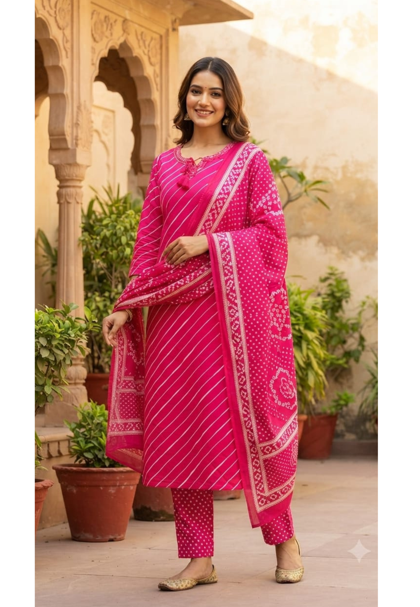 Premium Leheriya Print Cotton Full Suit Set with Matching Dupatta- 15475