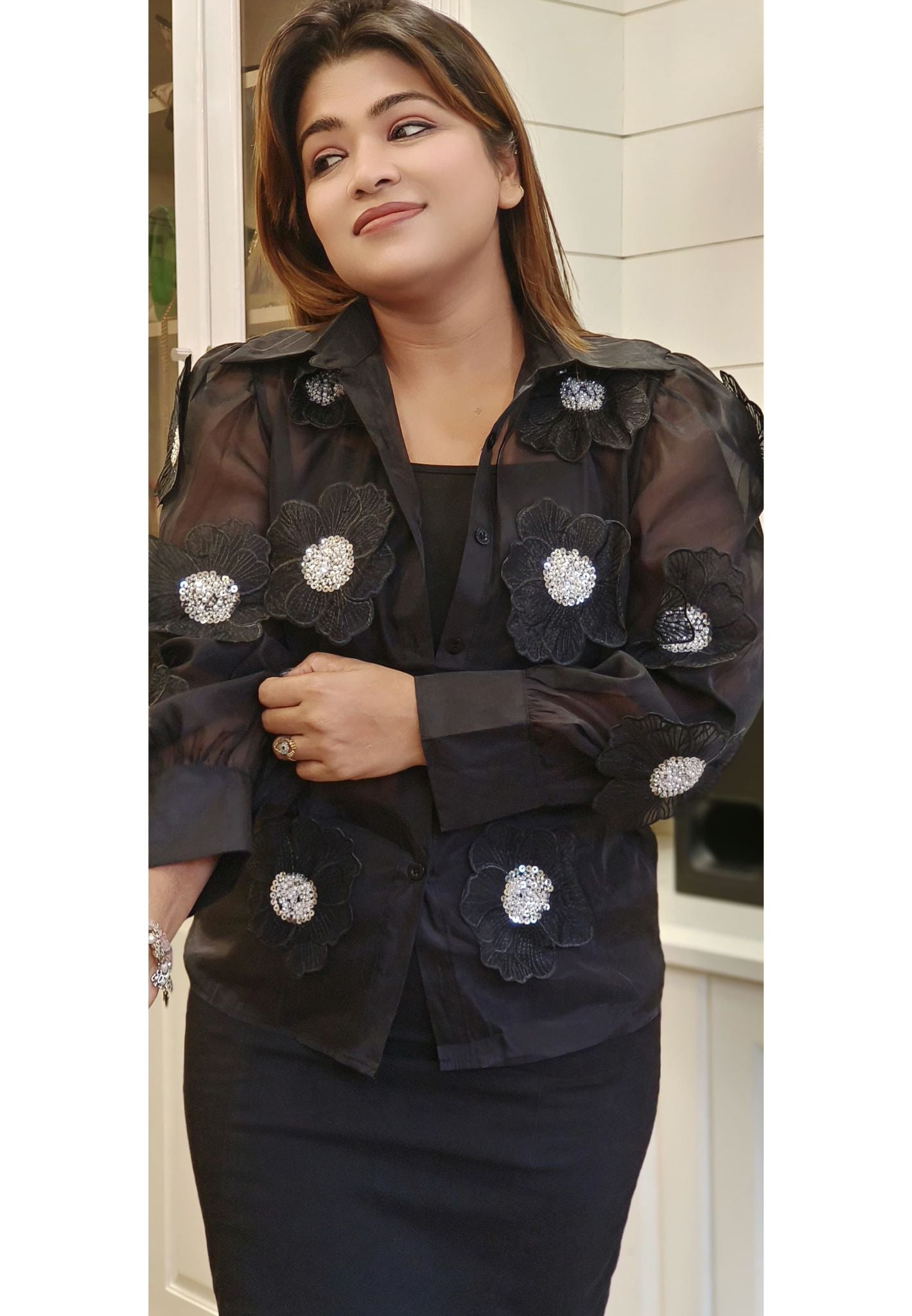 Ribbon Flower Stylish Sequence Floral Embroidered Shirt-