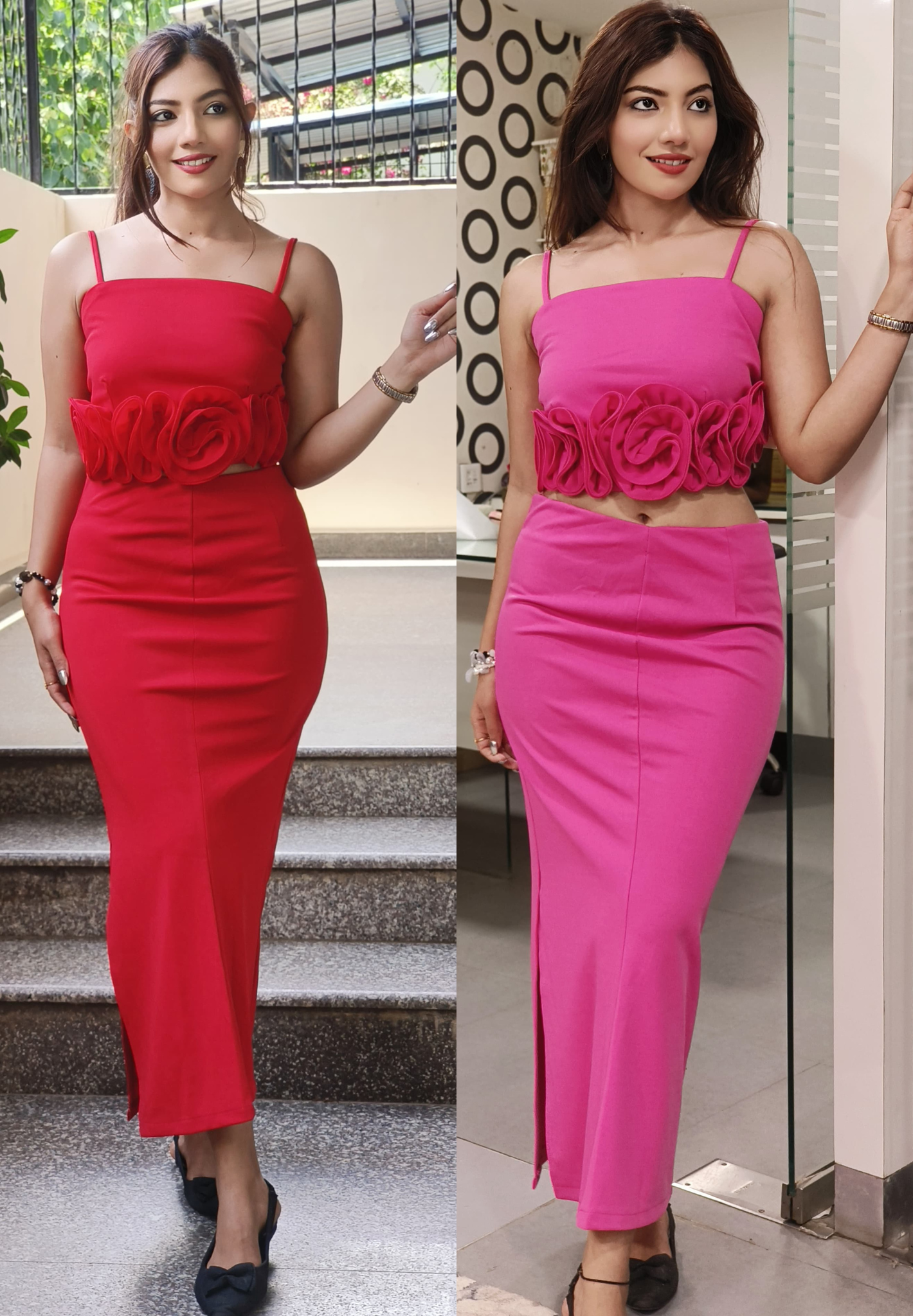 Very Hot Rose Emblishment Crop Top With Skirt