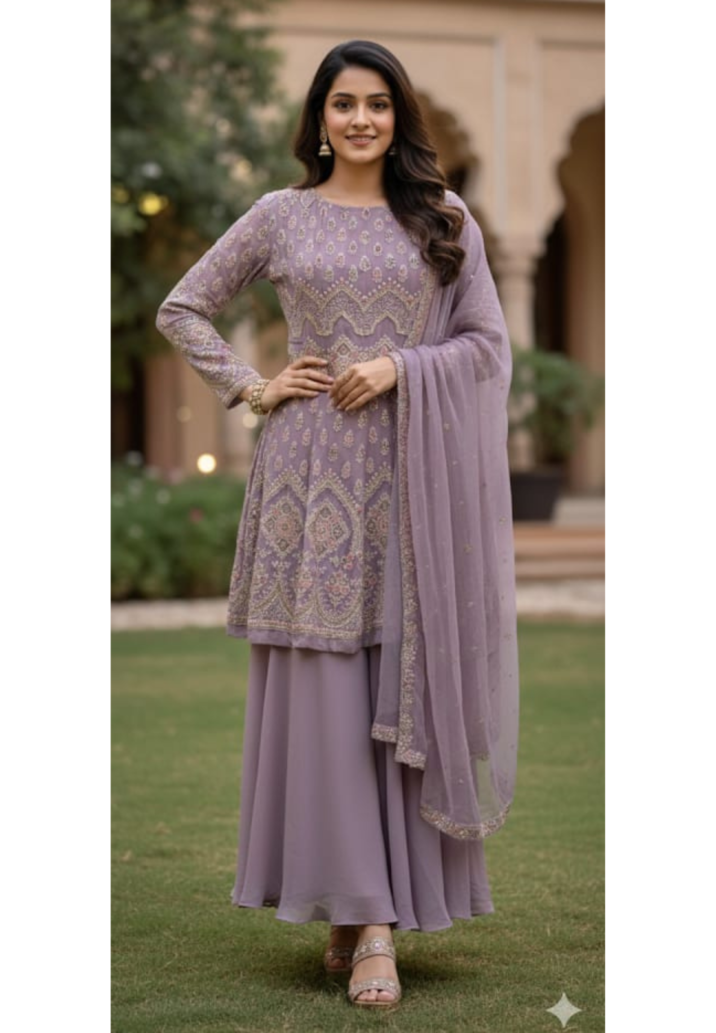 Lavender Hues Hand-Embellished Premium Festive Georgette Full Suit Set With Dupatta- 13678