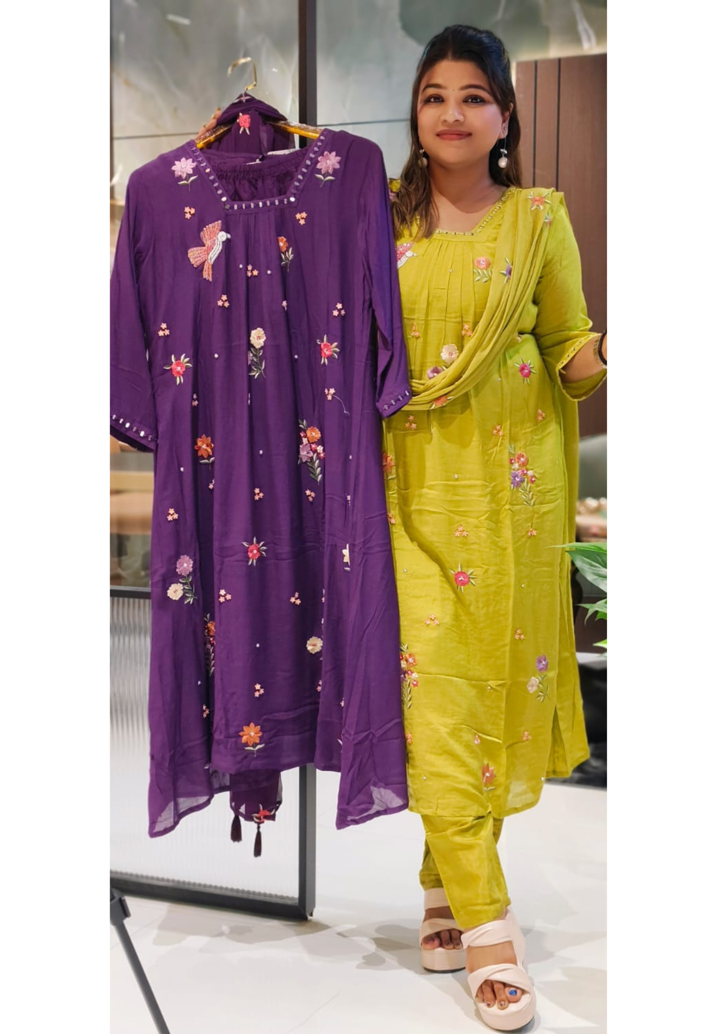 Pearl Bird & Floral Thread Embroidered A-Line Full Suit Set With Dupatta In Crush Mul Chanderi Fabric- 11354