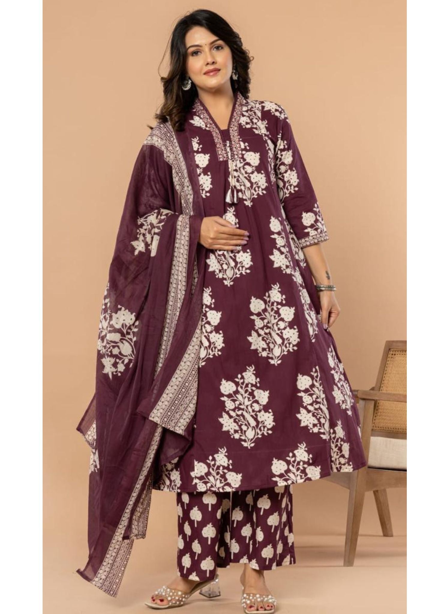 Pure Printed Cotton V-Neck Embroidery A-Line Kurta And Palazzo With Dupatta  -08248-58561-58560