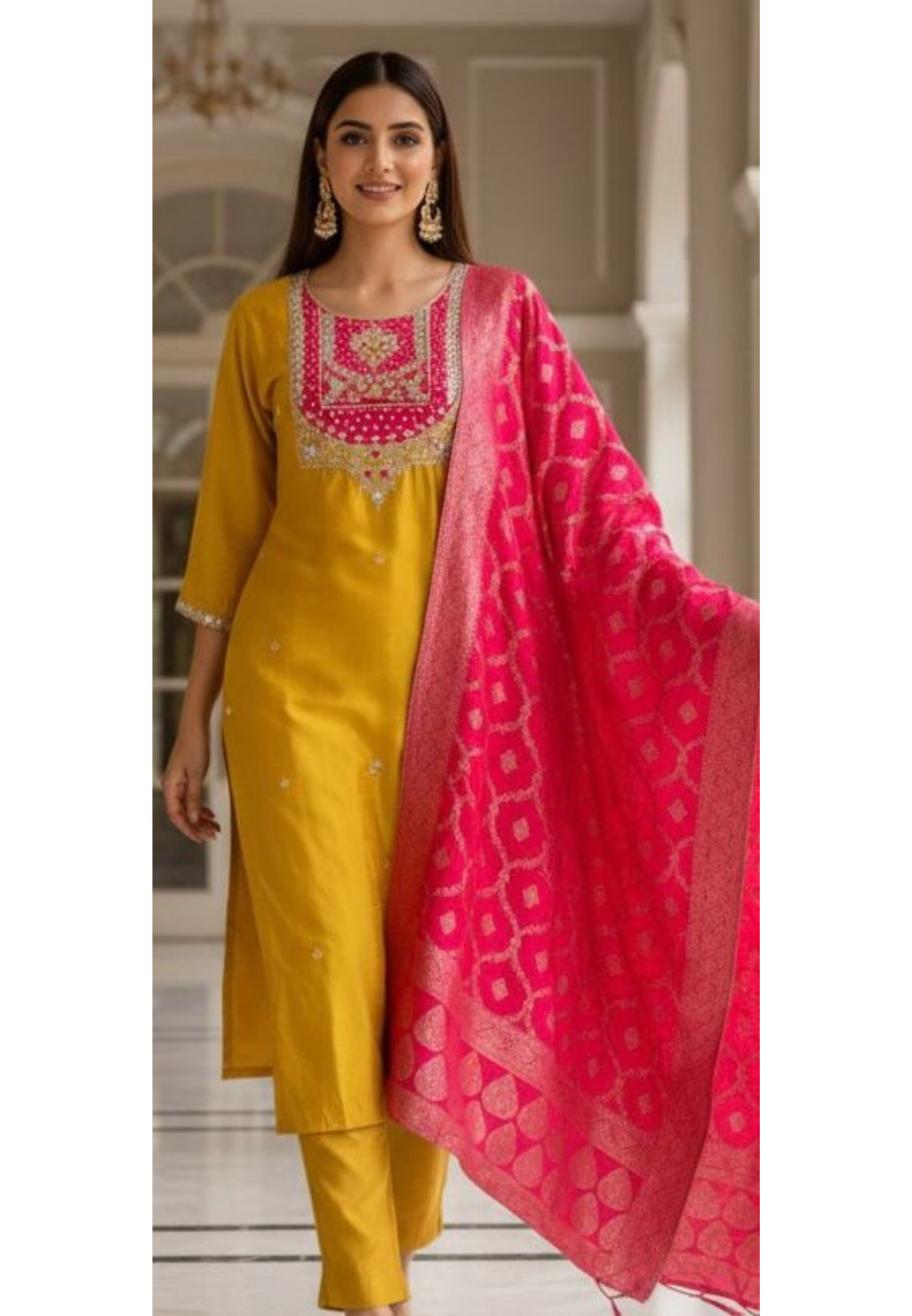 Very Vibrant Handwork Look Beautiful Yoke Dola Silk Full Suit Set With Brocade Dupatta