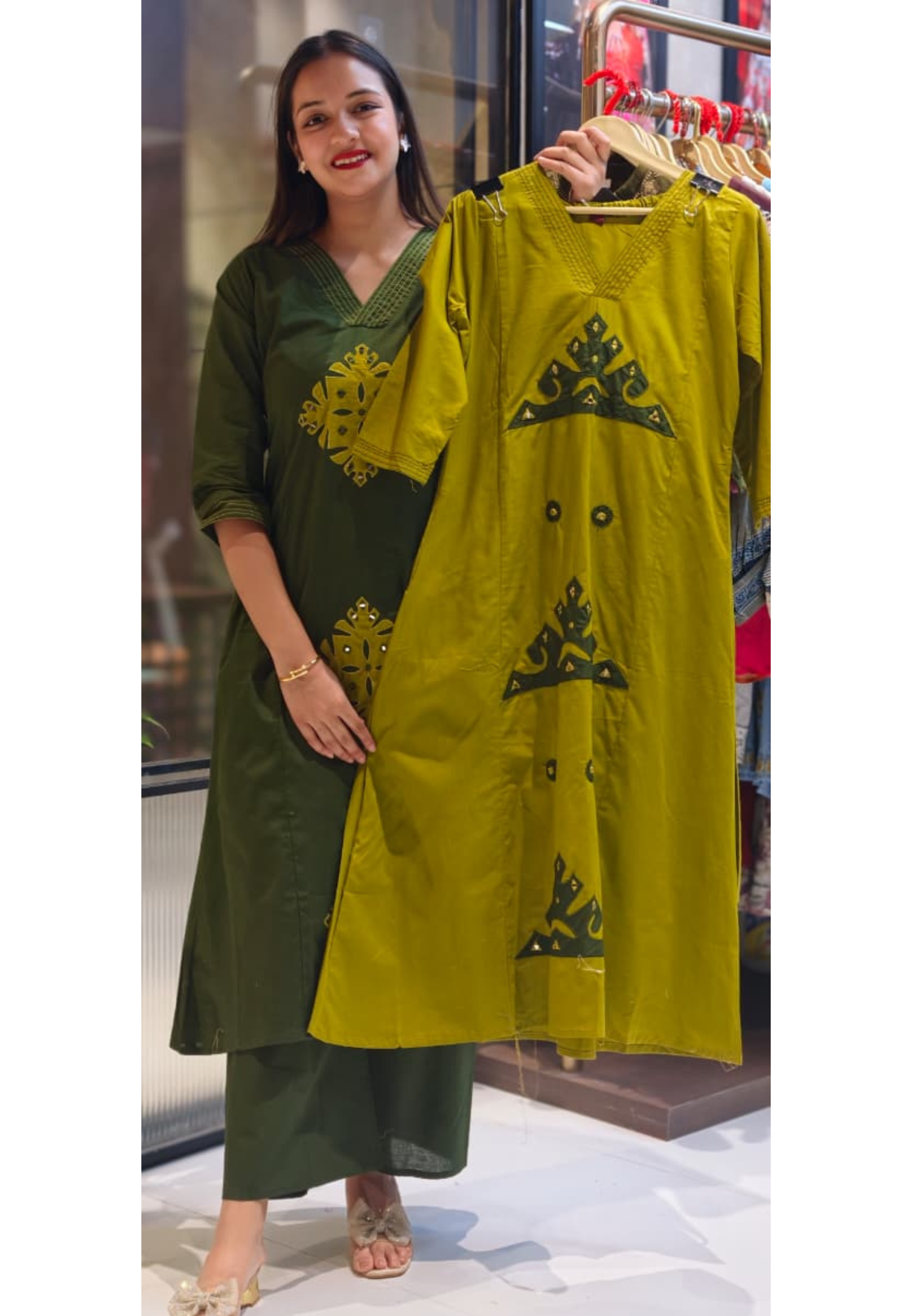 Smart Embroidery Pleated V-Neck A-Line Cotton Kurta Pant Set- 13549