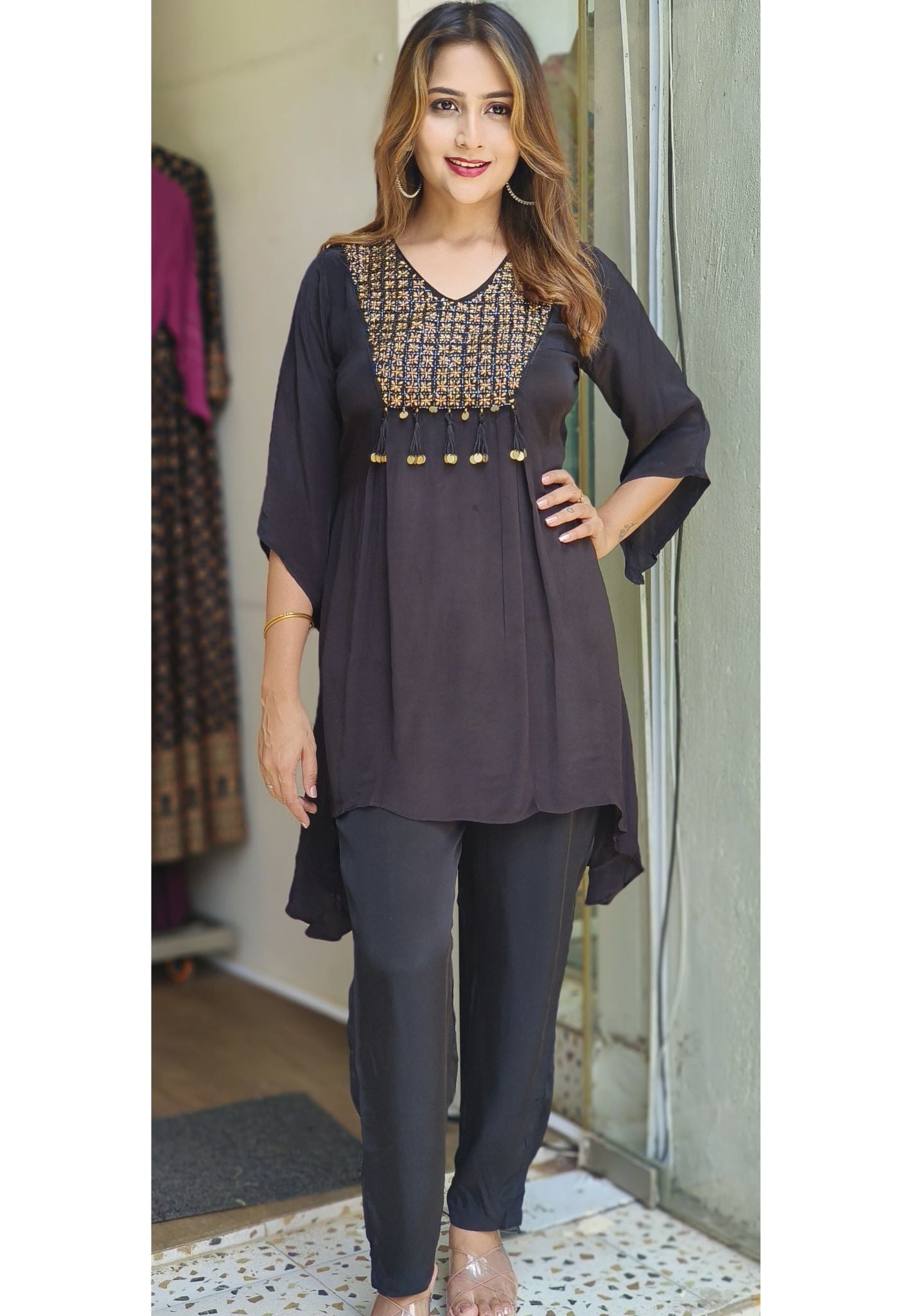 Pure Crape black cutdana embroidery top with pant set-05401