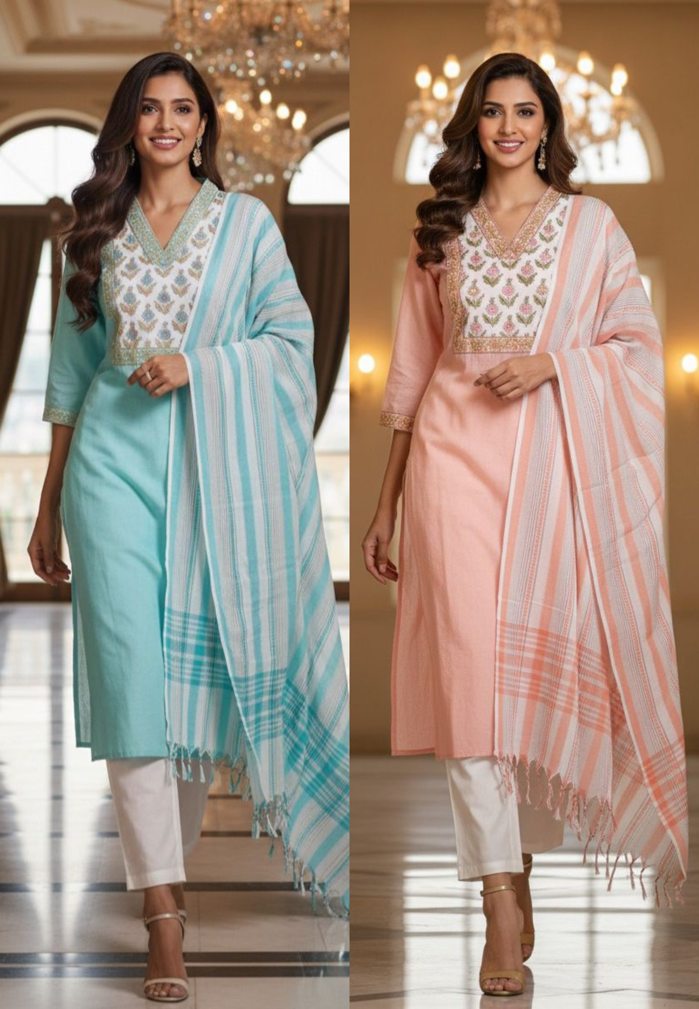 Block Print Yoke V Neck Premium Handloom Cotton Kurta With Bottom Full Set with Dupatta-12291,12293