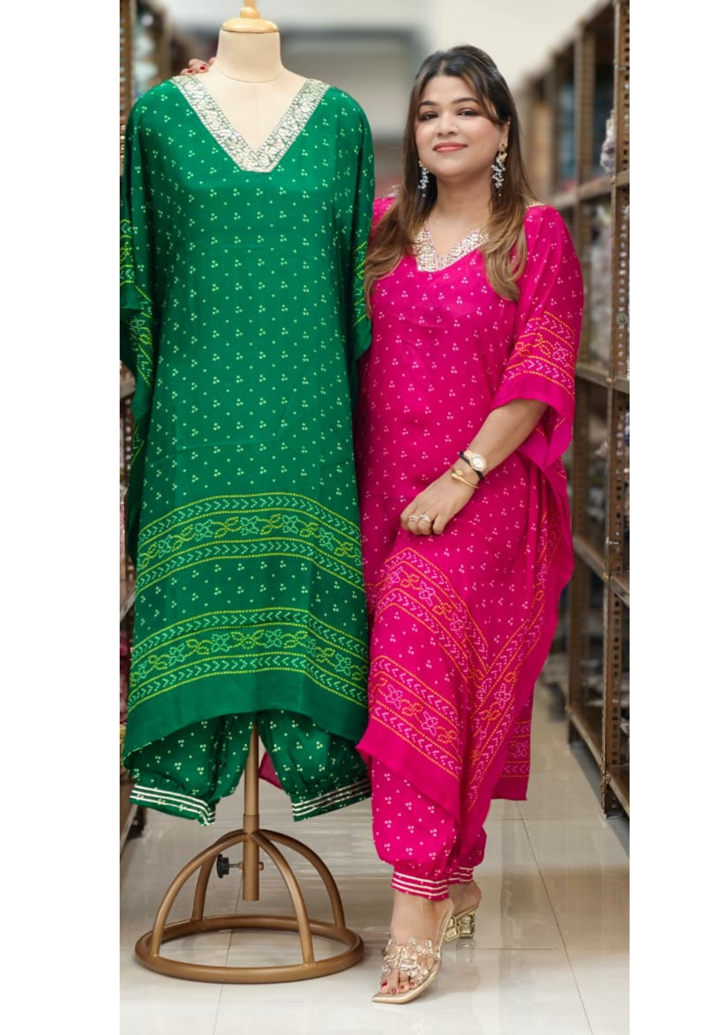 Embellished V-Neck Premium Semi Chinon Bandhani Print Kaftan Set with Balloon Pant-15486