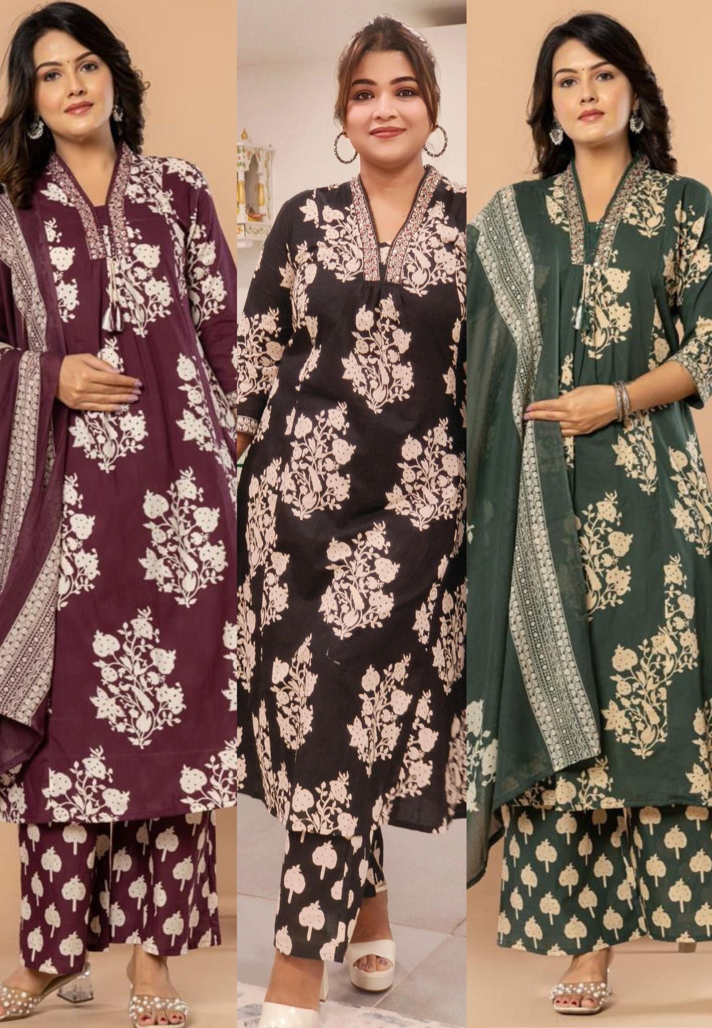 Pure Printed Cotton V-Neck Embroidery A-Line Kurta And Palazzo With Dupatta  -08248-58561-58560