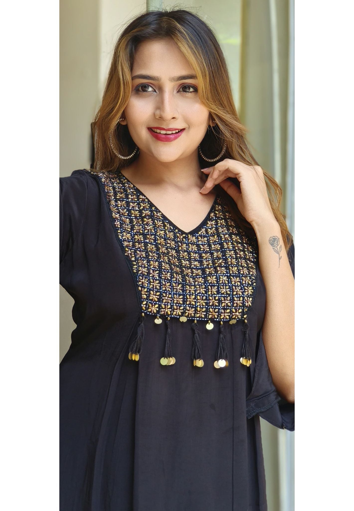 Pure Crape black cutdana embroidery top with pant set-05401