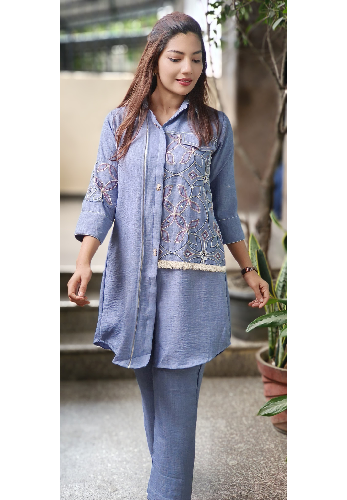 Denim Look Thread Work Collared Co-Ord Set- 10283