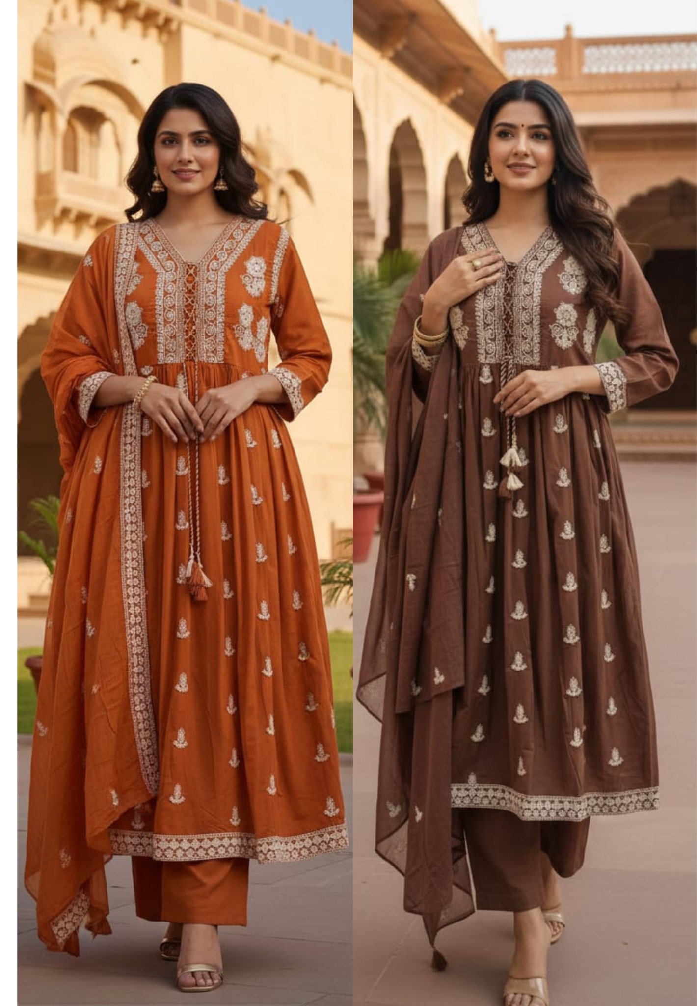 Premium Brown Embroidered Kurti Dress with Heavy Front Lace Work, Ethnic Motif Detailing Full Suit Set In Cotton Fabric- 13680