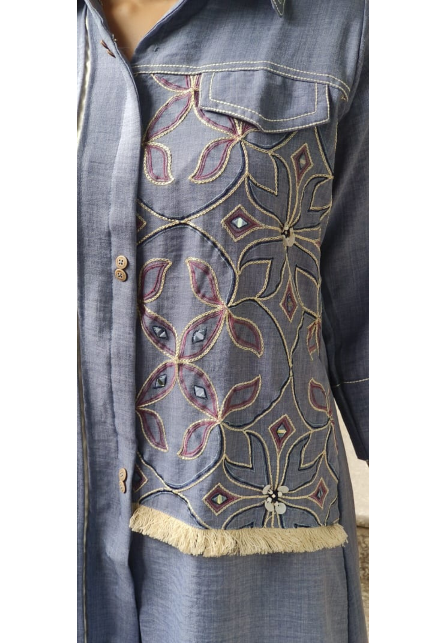 Denim Look Thread Work Collared Co-Ord Set- 10283
