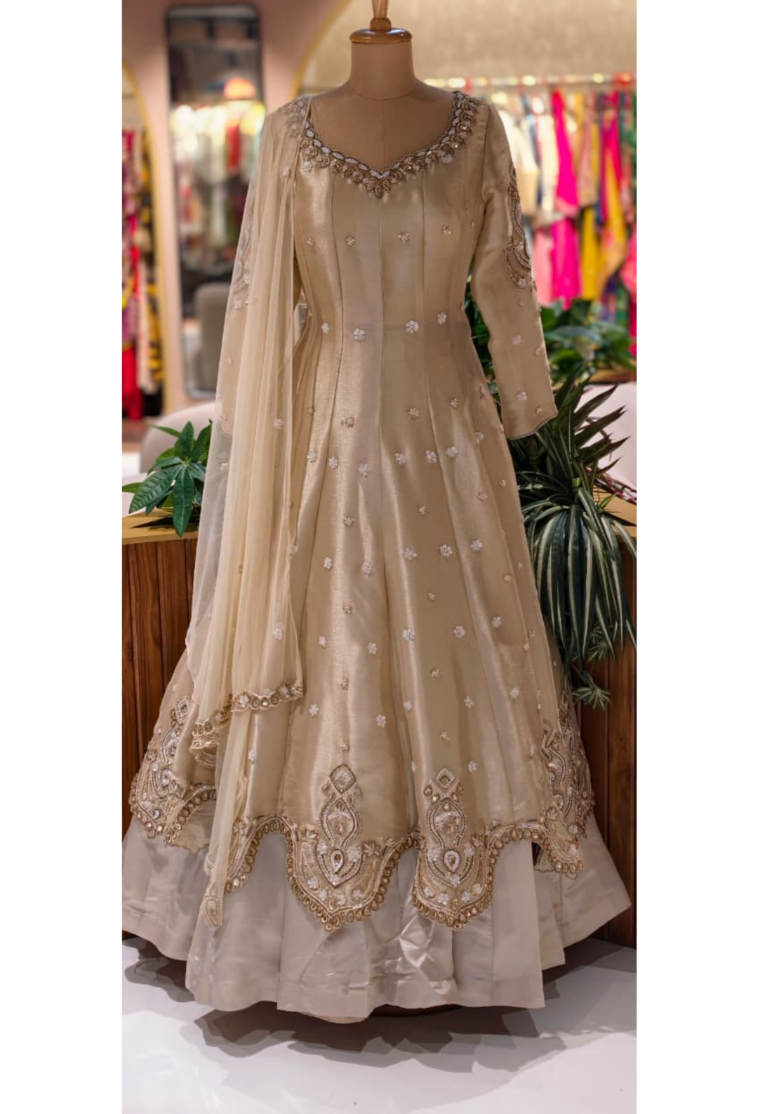 Beige Hand Embroidered Subtle Pure Tissue Flared Panel Gown Upper With Cane-Cane Skirt & Matching Dupatta RB78