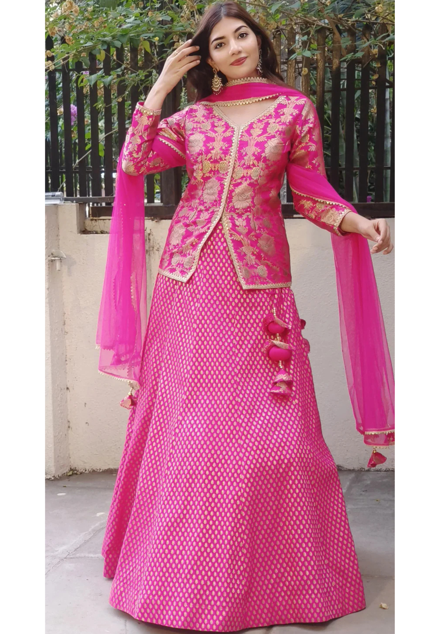Regal Fuchsia Banarasi Silk Lehenga Set: Embellished Long Top with Matching Skirt and Dupatta ONLY ON ORDERS DISPATCHING AFTER 30 DAYS