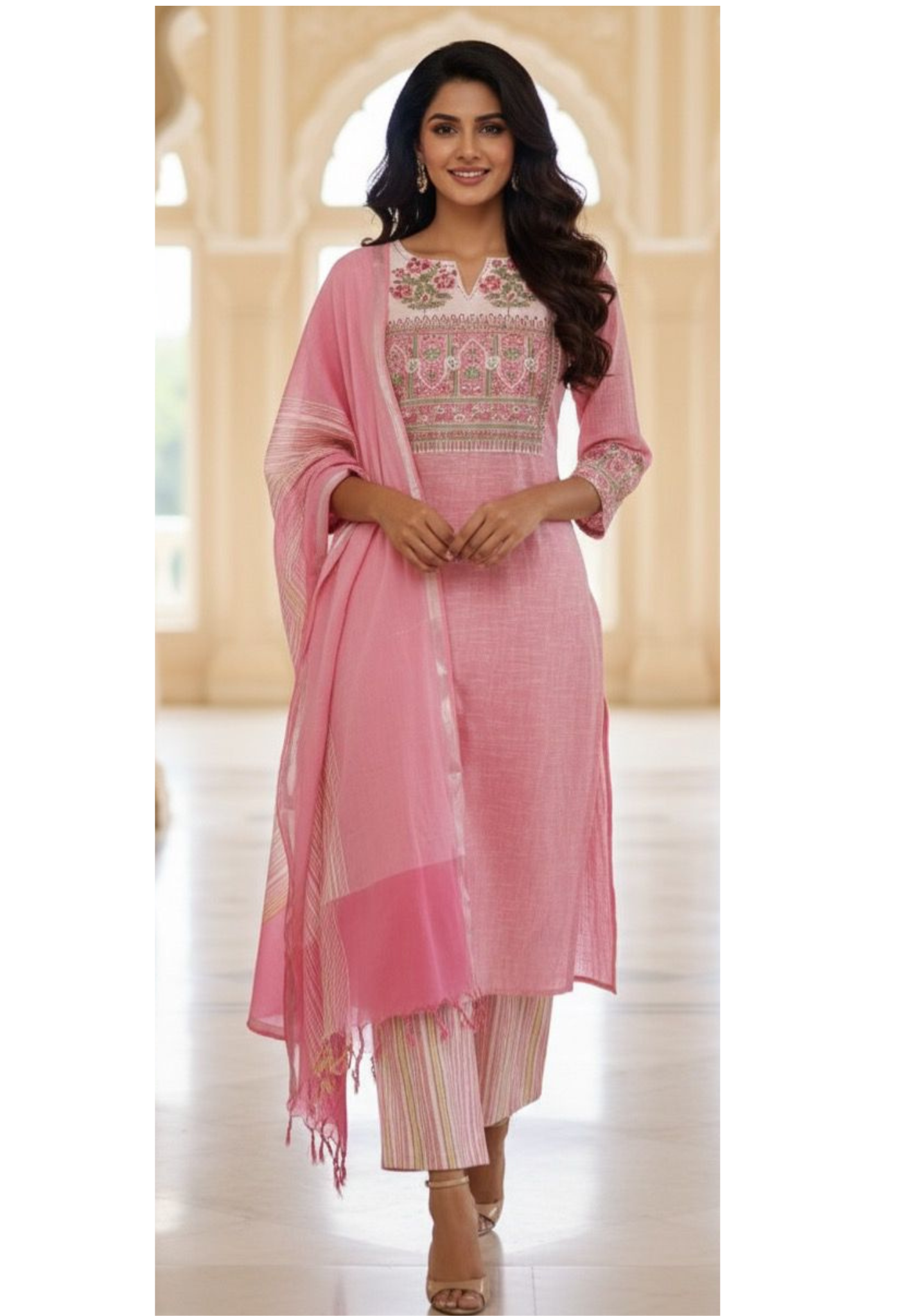 Beautiful Light Shade Block Print Yoke Premium Handloom Cotton Kurta Pant Dupatta Set with Dupatta-12287,12288