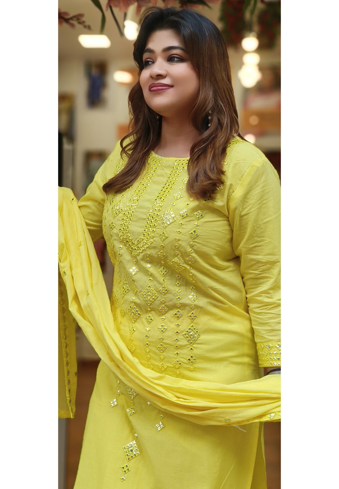 Cotton Foil Mirror Bright Yellow Full suit Set with Dupatta -06102