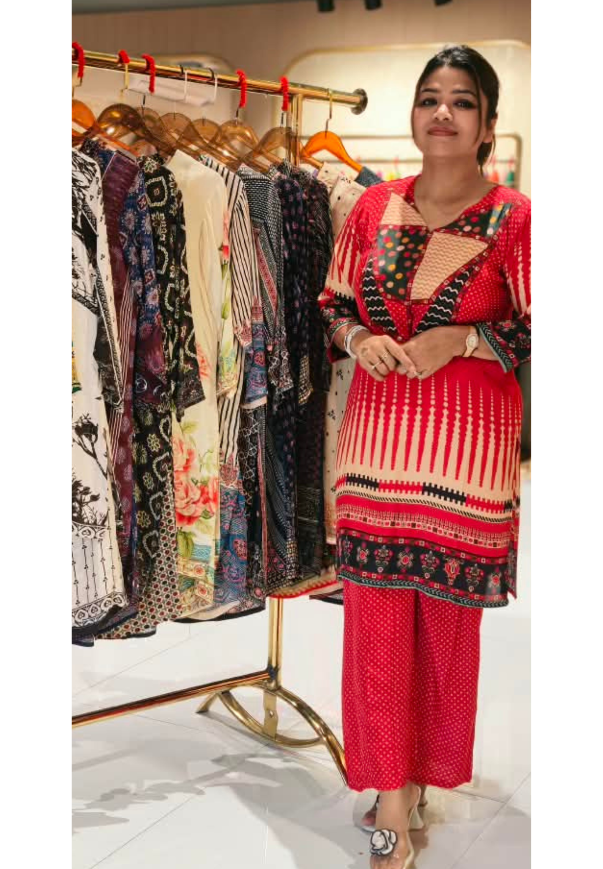 Vibrant Color Polka Dot Printed Kurta with Geometric Patchwork Yoke & Tassels Co-Ord Set- 15377