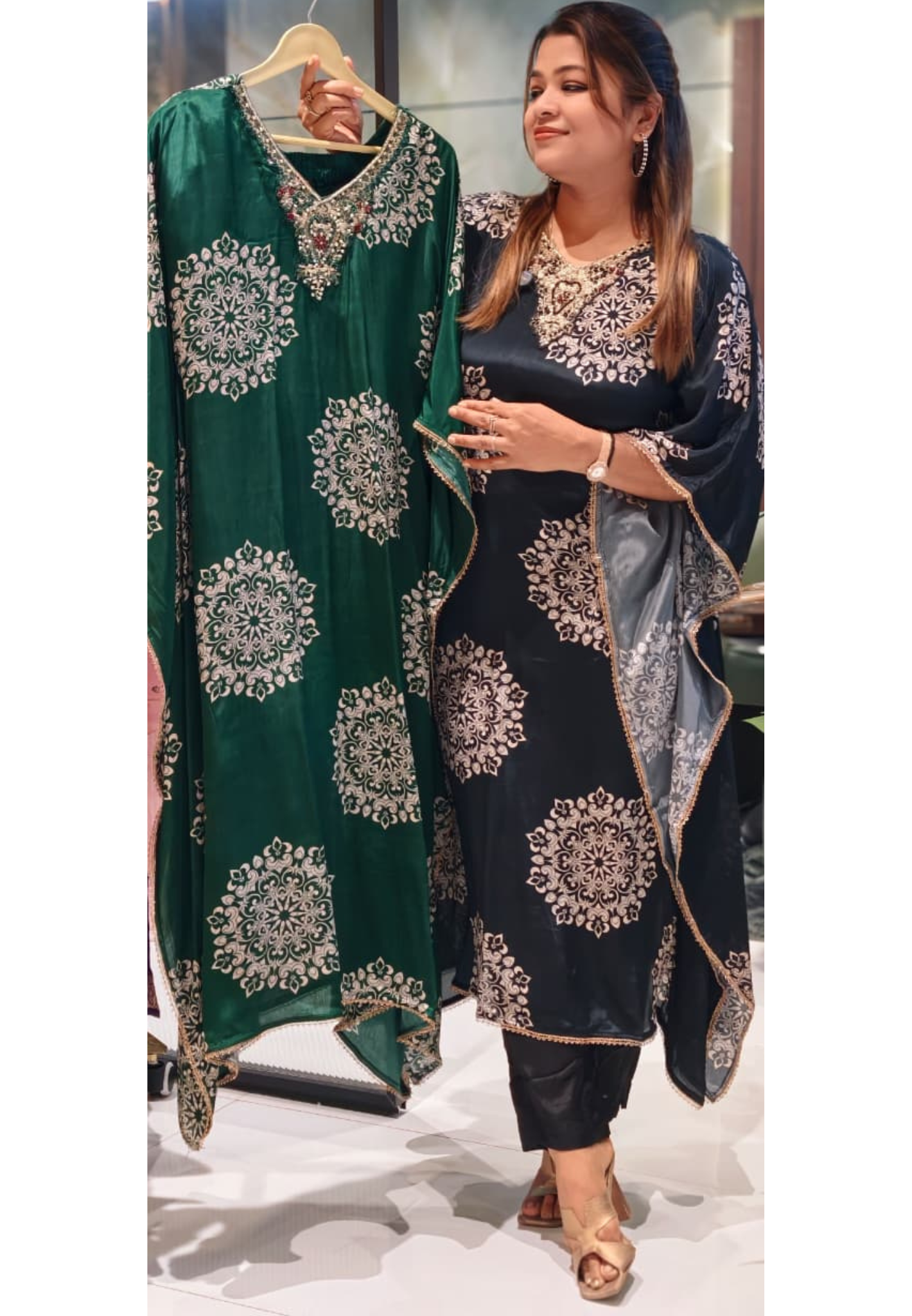 Rounded Floral Block Prints Zardosi Neckline Kaftan With Bottom In Crepe Fabric