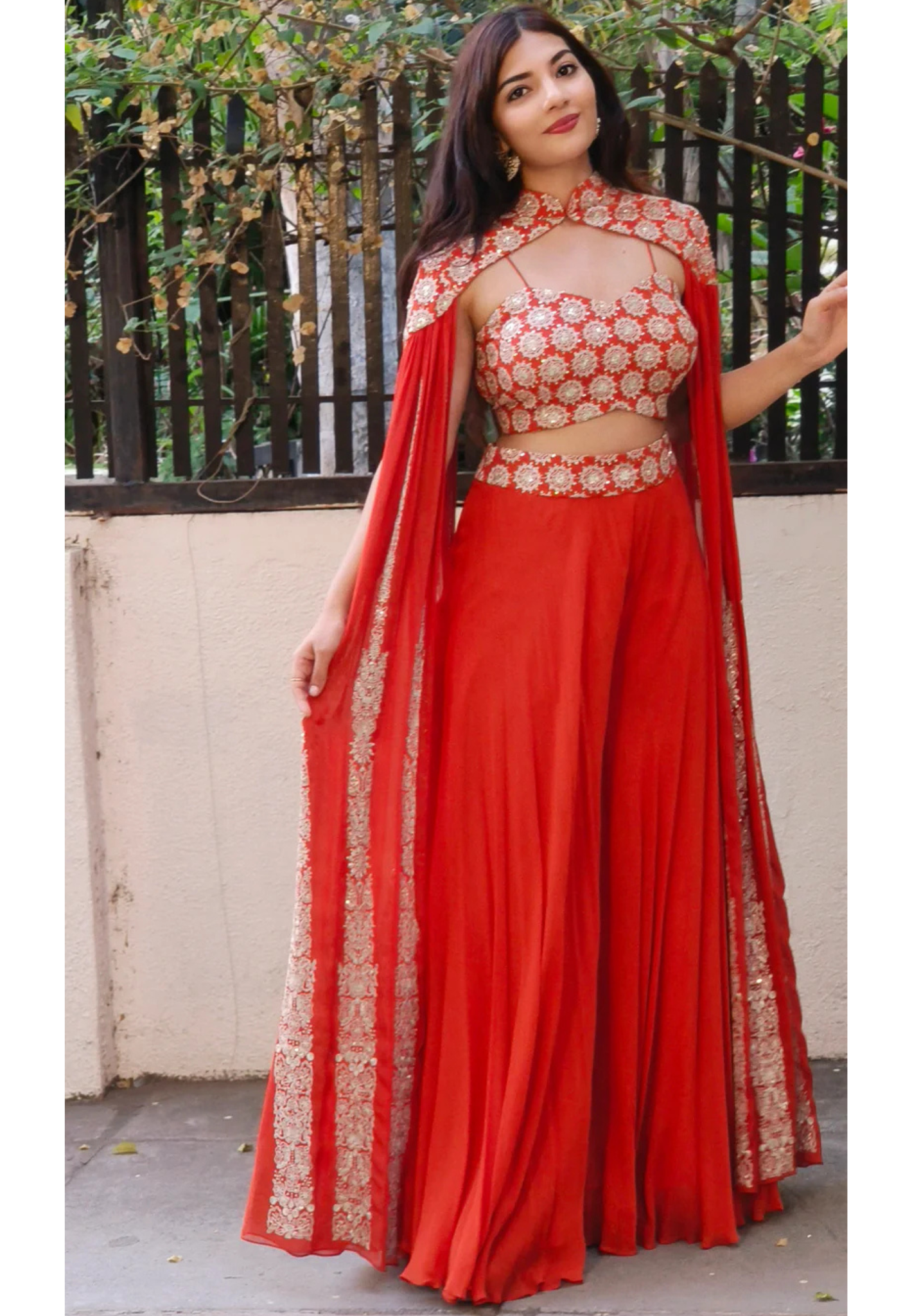 A chic chinon fabric outfit featuring a hand-embroidered cape-style top paired with flowy palazzos, perfect for an elegant look-DRY WASH-ONLY ON ORDERS DISPATCHING AFTER 30 DAYS