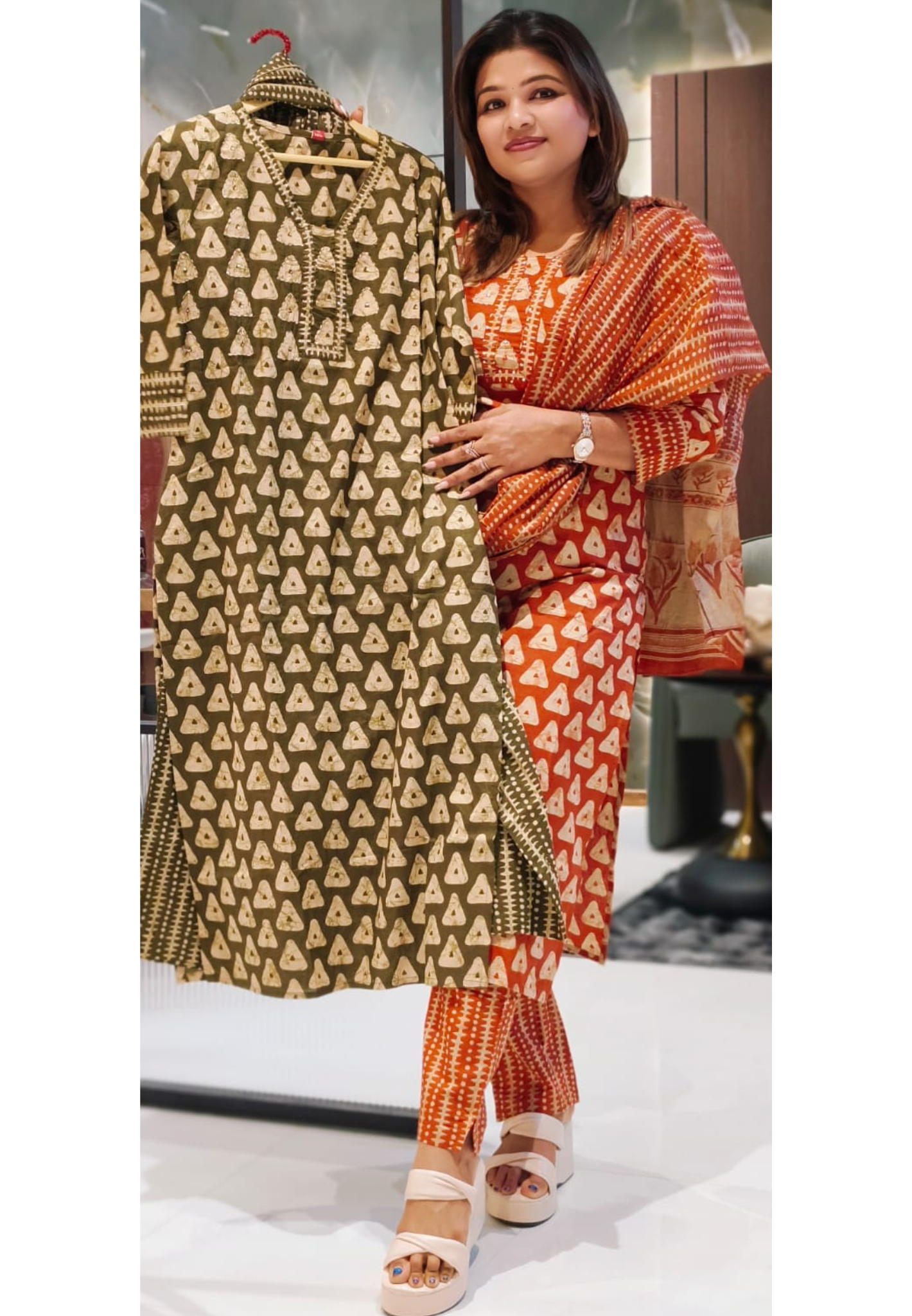 Hand Block Cotton Straight Kurta With Coordinated Printed Dupatta