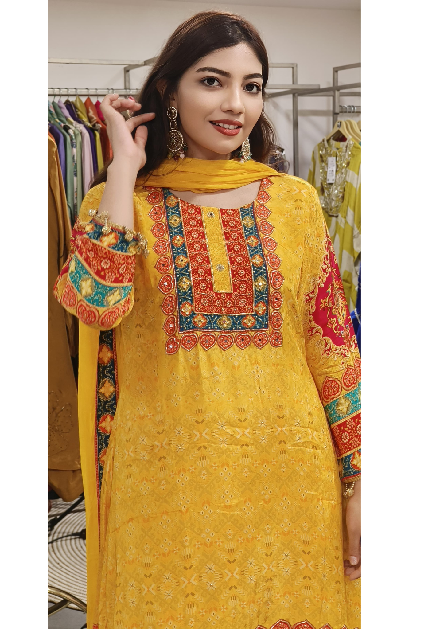 Yellow Pure Crape Zardosi & Mirror Work Suit Set with Printed Palazzo Charm-09211