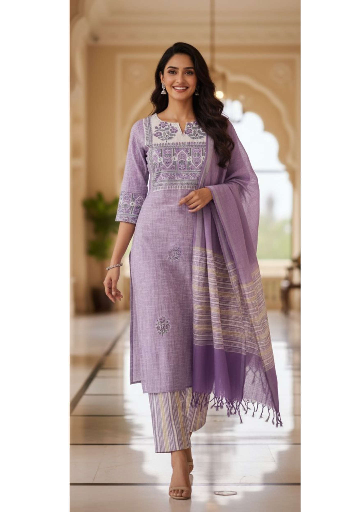 Beautiful Light Shade Block Print Yoke Premium Handloom Cotton Kurta Pant Dupatta Set with Dupatta-12287,12288