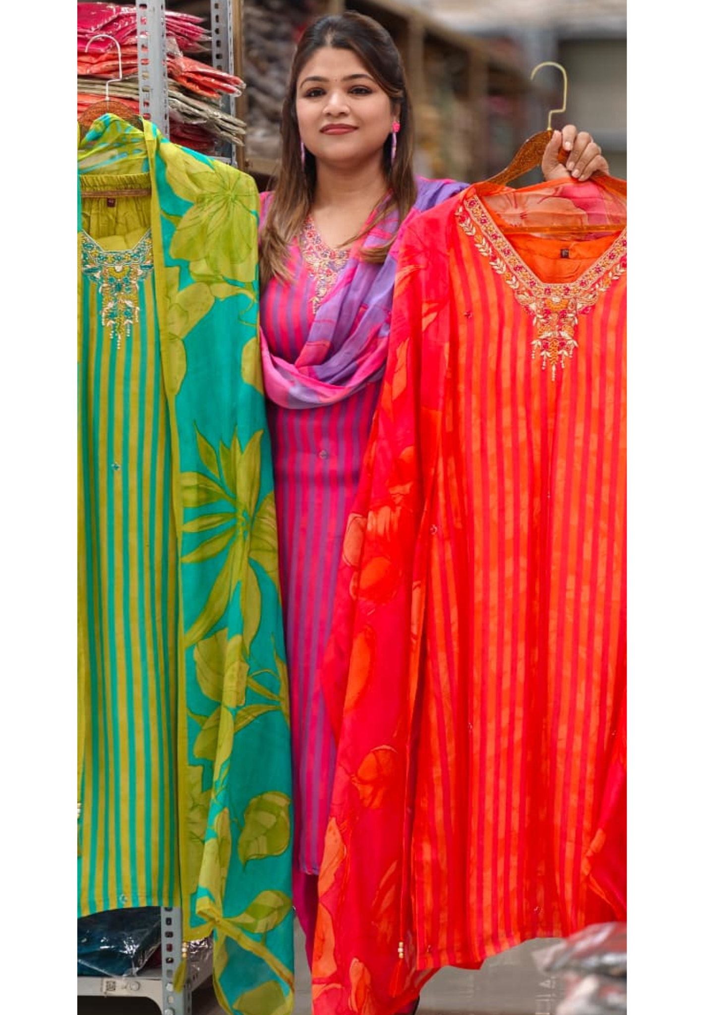 Summer Candy Vibrant-Striped Organza Full Suit Set With Dupatta with Floral Festive Yoke LEAN FIT(ADVISIBLE NEXT SIZE)