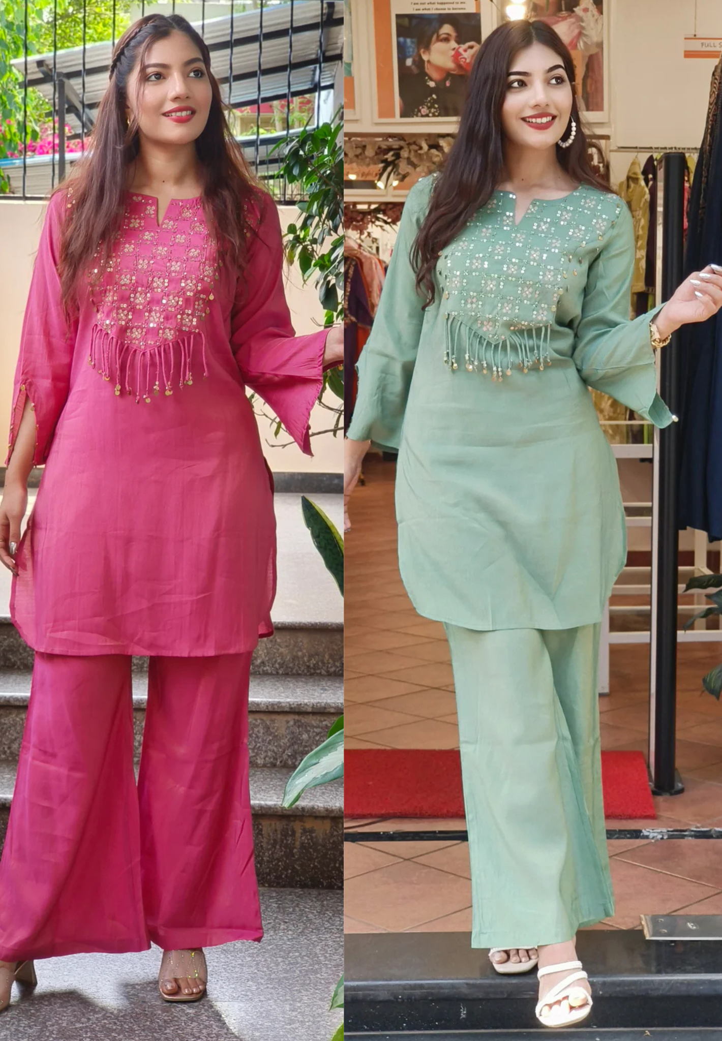 Elegant Sage Green Mudal Muslin Kurta Set with Embellished Embroidered Yoke Detailing 9481