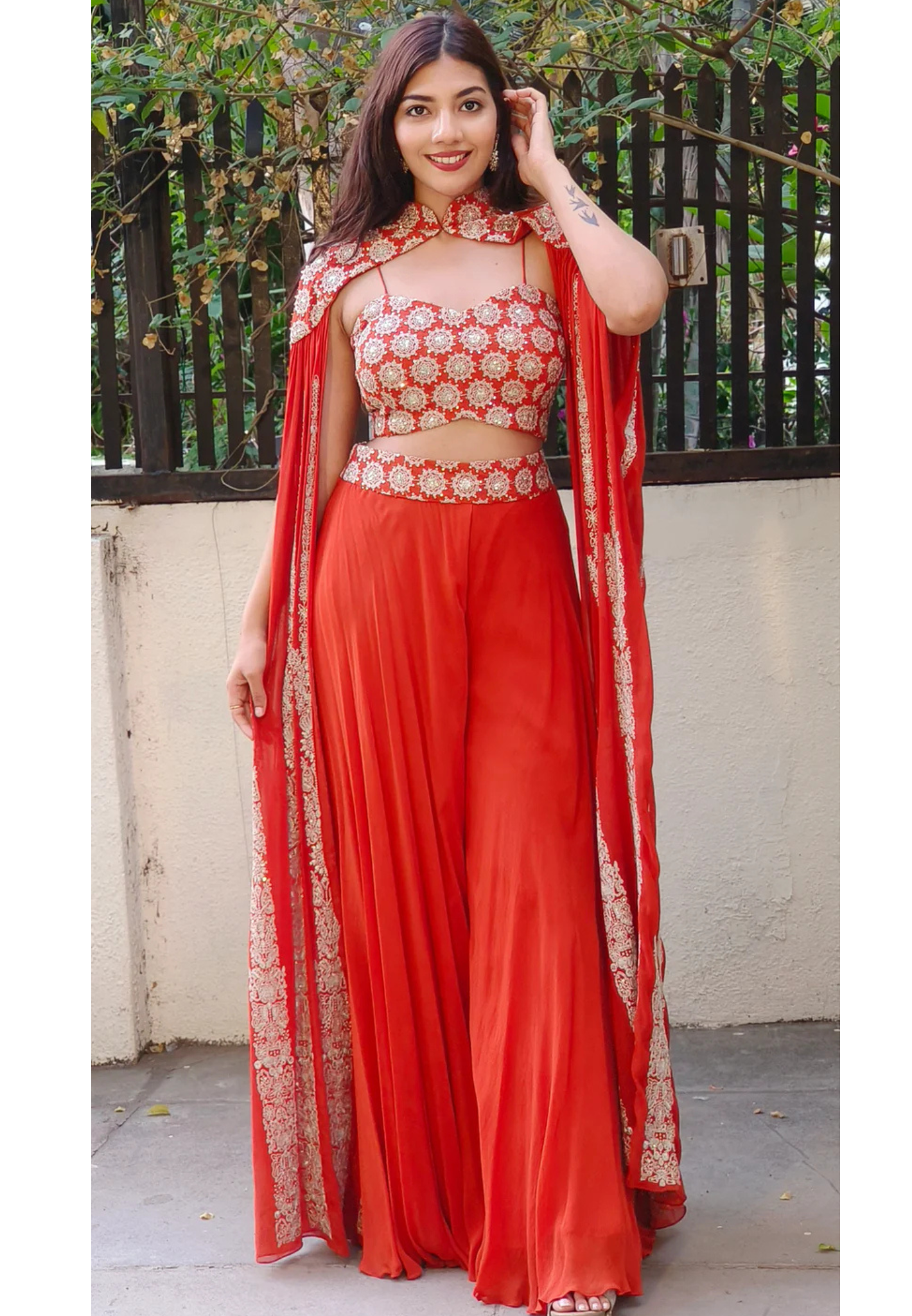 A chic chinon fabric outfit featuring a hand-embroidered cape-style top paired with flowy palazzos, perfect for an elegant look-DRY WASH-ONLY ON ORDERS DISPATCHING AFTER 30 DAYS
