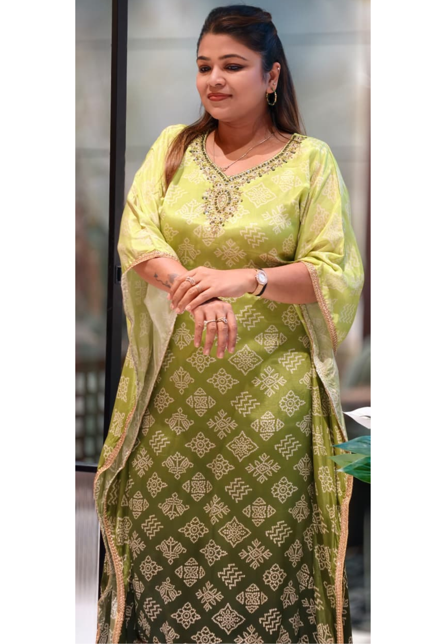 Dual Green Punch Mirror With Embroidery Neckline Printed Kaftan With Bottom In Crepe Fabric