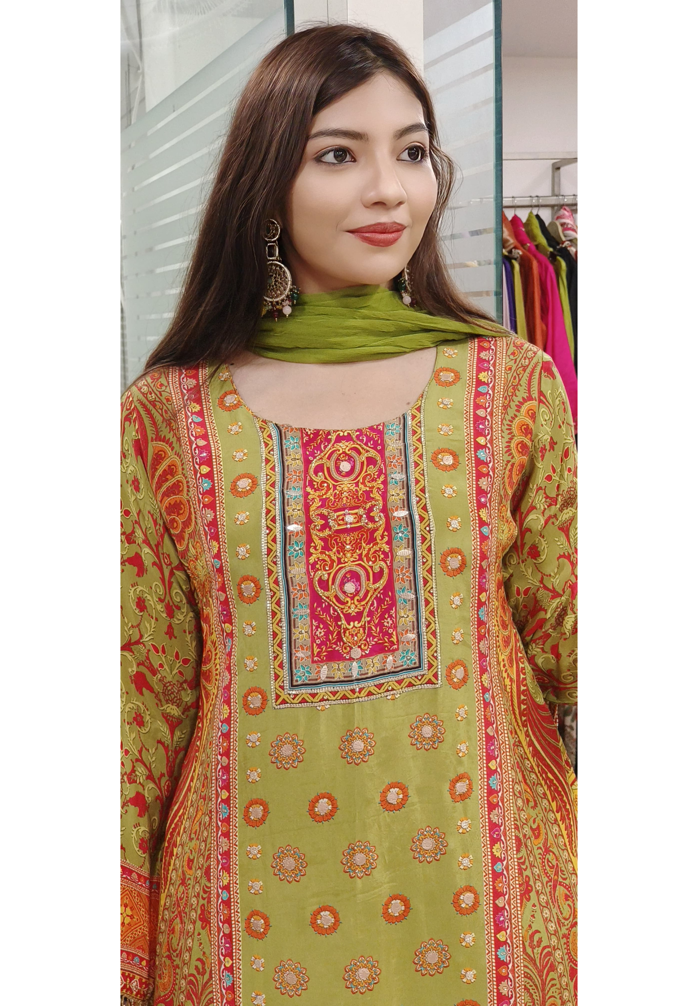 Meadow Grace Green Pure Crape Mirror & Zardosi Embroidered Suit with Palazzo Pants-09212